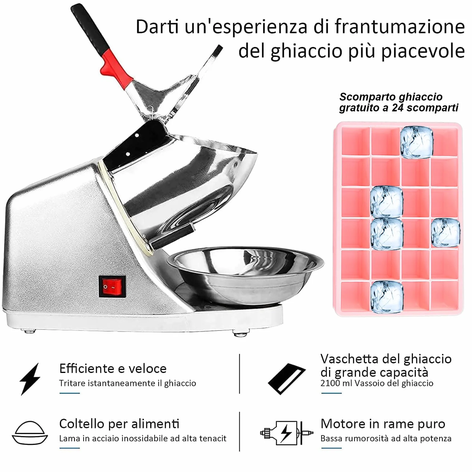 Tosucs Tritaghiaccio Elettrico 300W, 80 kg/h Elettrico Macchina del Ghiaccio con Ciotola,Tritaghiaccio a Doppia Lama, Acciaio Inossidabile,per Uso Domestico e Commerciale(Bianco Argento)