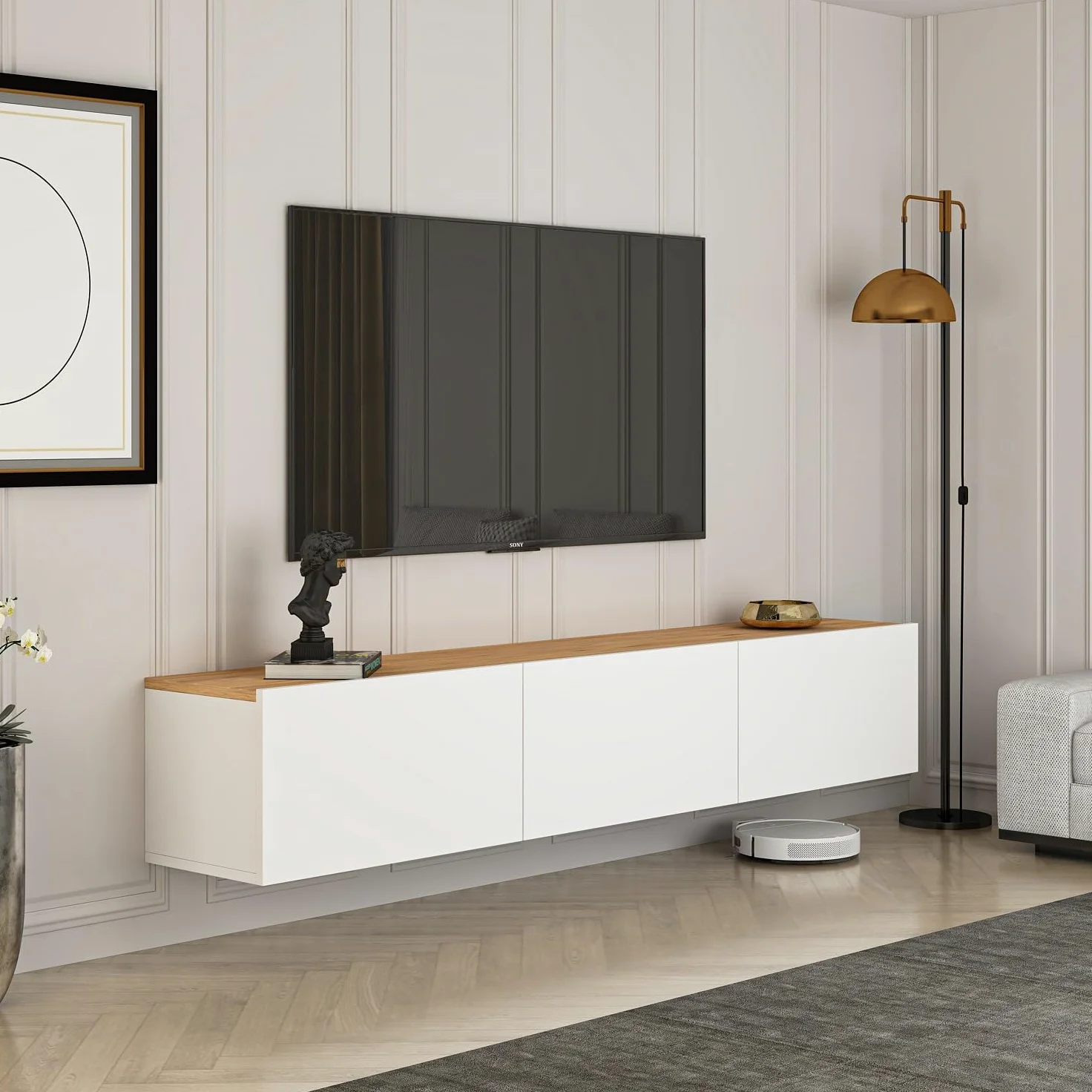 Hanah Home Elegante supporto per TV, 150 cm x 30 cm x 32 cm, 100% melamina rivestito in melamina, design moderno per spazi viventi e intrattenimento