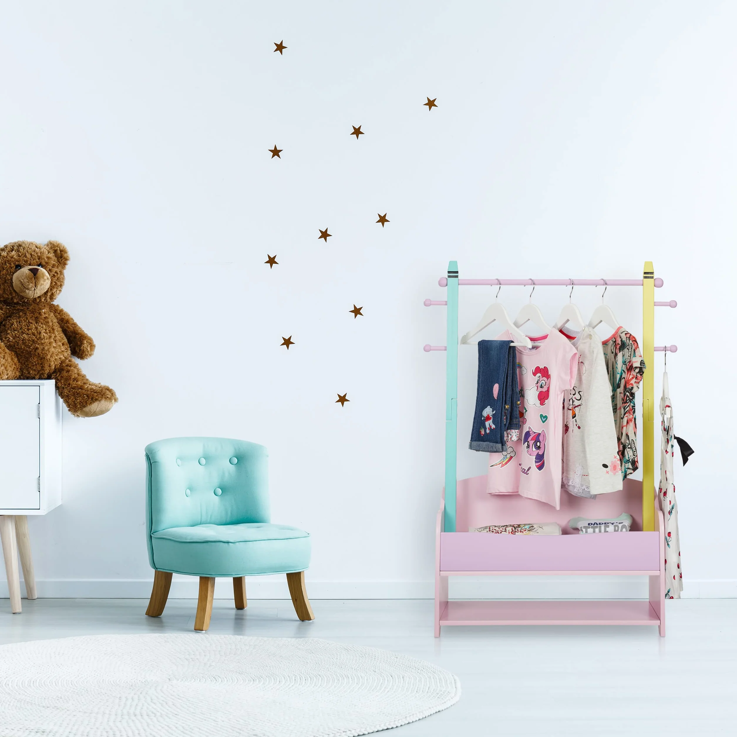 Relaxdays Stand Appendiabiti per Bambini, Scomparto Doppio, Guardaroba a Giorno, HxLxP: 100,5x71x30 cm, Colori Pastello