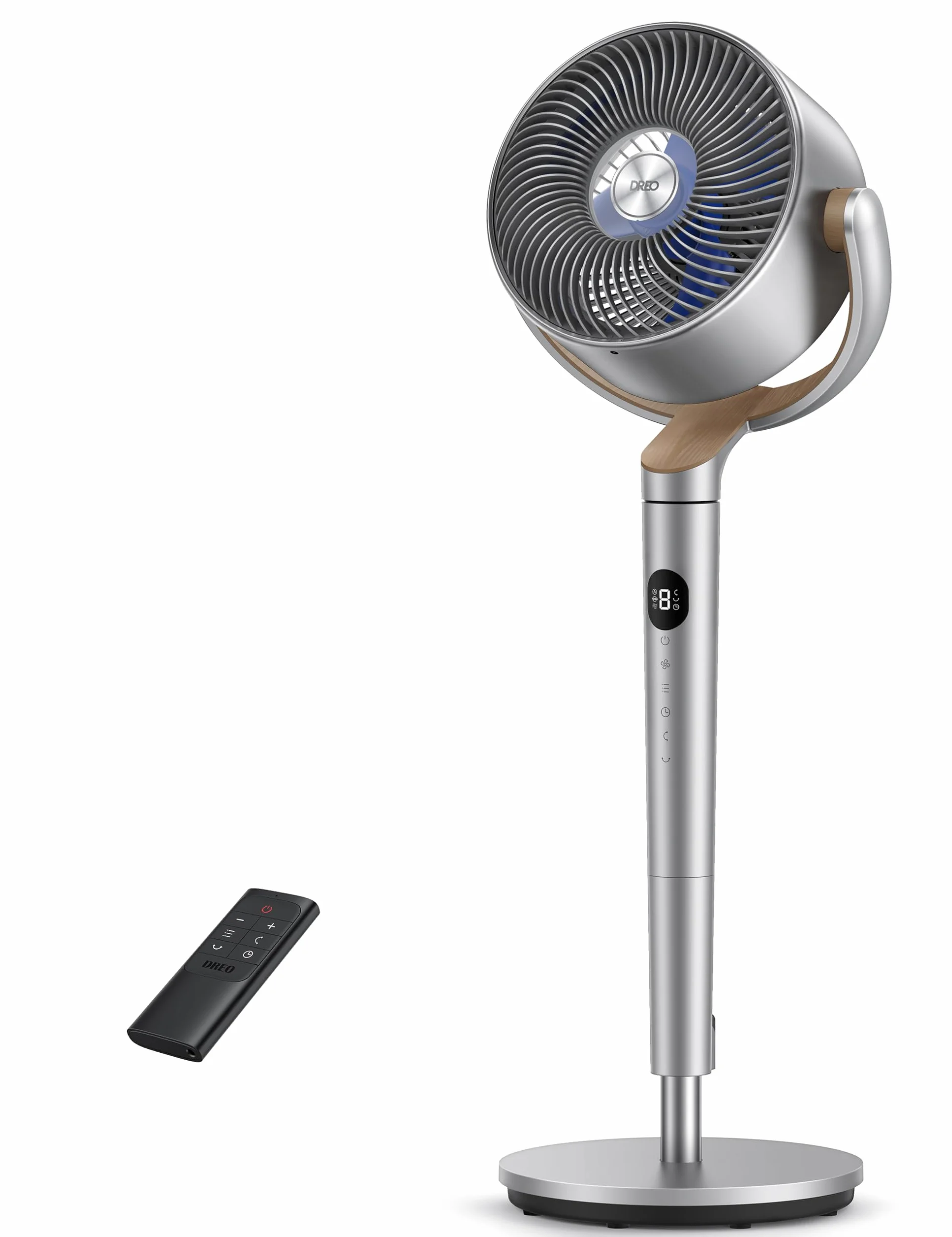 DREO 23dB Ventilatore a Piantana silenzioso, 120°+120°Omni-directional Oscillating Fan, Portata di 24M, Volume d'aria1200m³/h, DC Motor Quiet Standing Fans, Adjustable Height, 8 Speeds, 3 Modes