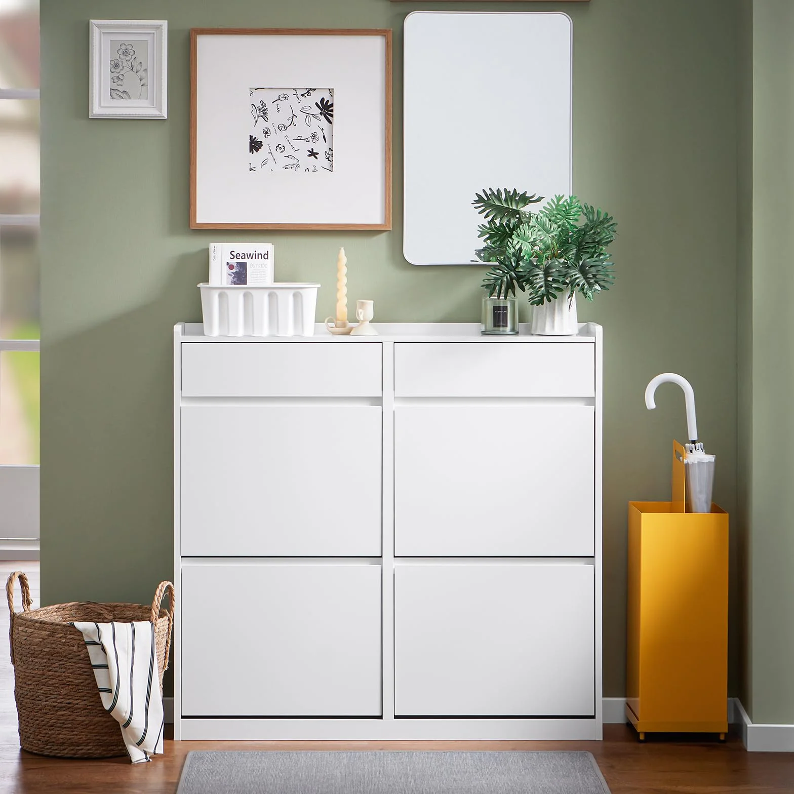 SoBuy Scarpiera Salvaspazio con 4 Ante Ribaltabili e 2 Cassetti, Grande Capacità, Mobile Scarpiera per Ingresso e Corridoio, Ideale per Piccoli Appartamenti - Design Moderno, 98x19x95cm – FSR169-W