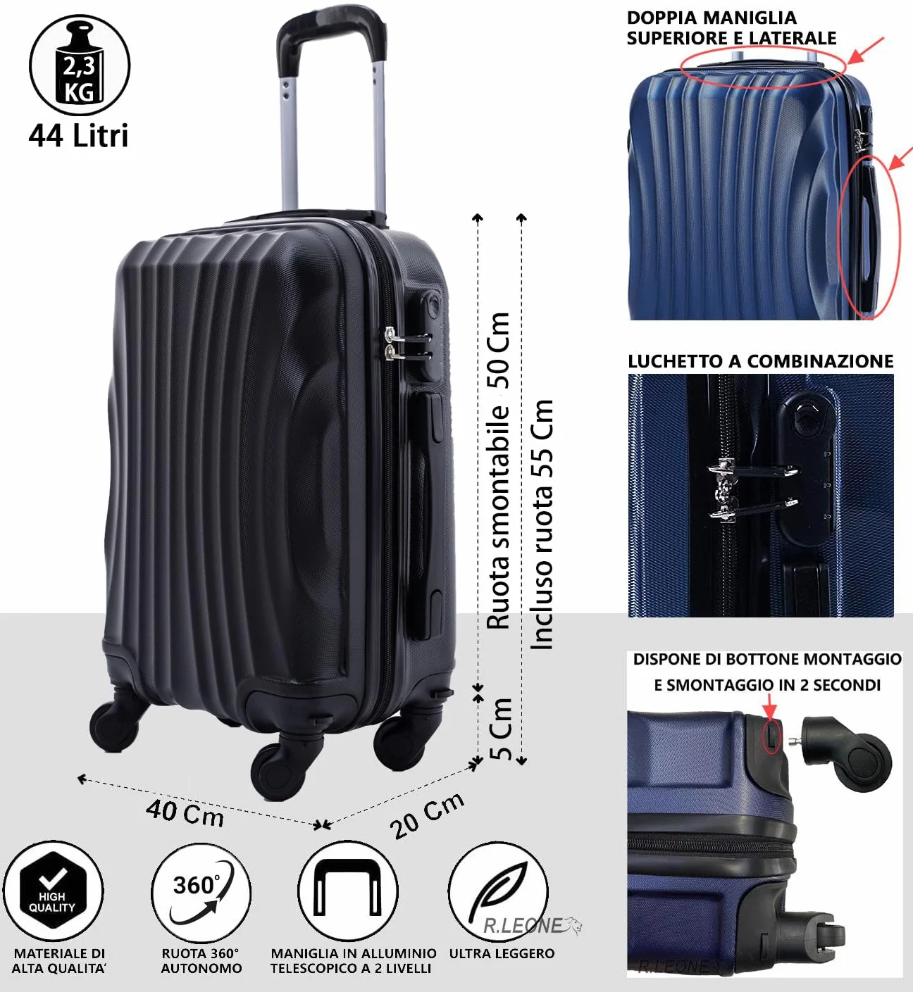 R.Leone Ryanair 55x40x20 cm Valigia Trolley Bagaglio a mano 4 Ruote Ultraleggero ABS Nero