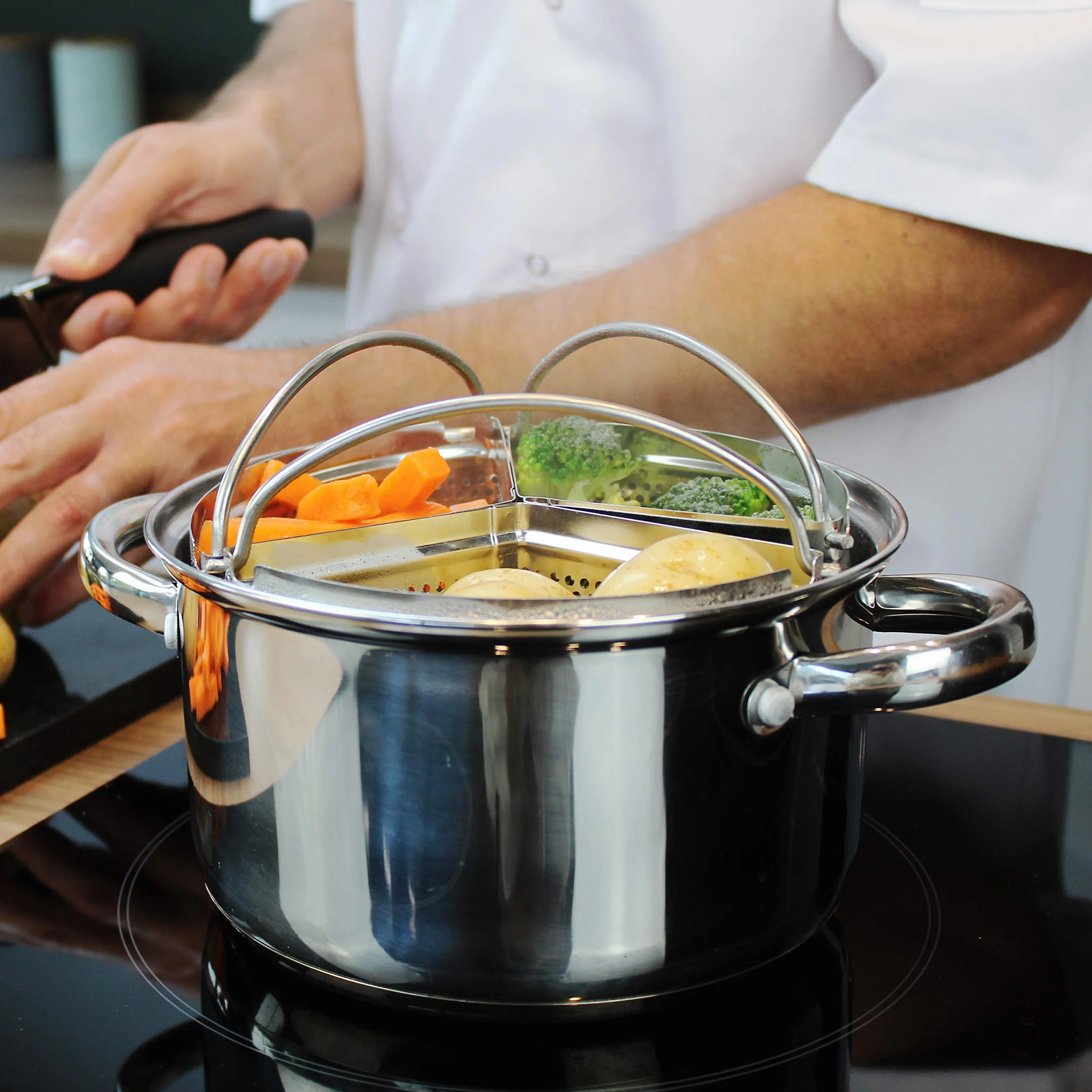 Saucepan Triple Divider And Separator Set - Saves Energy and Space When Cooking. Three Part Professional 18cm Stainless Steel Strainer. Vegetables, Potatoes, Mussels, Boiled Eggs. Pan Not Included.