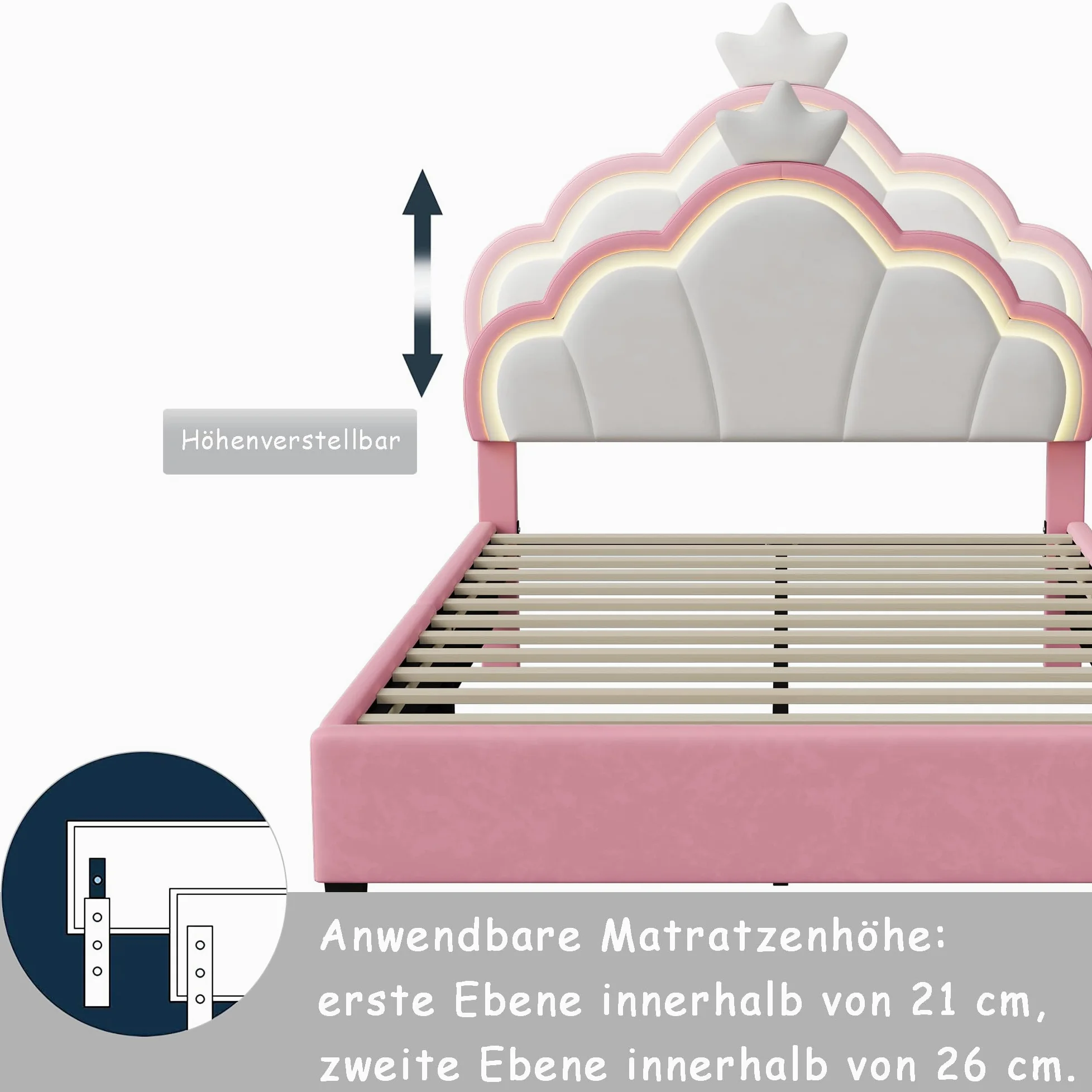 Letto matrimoniale per bambini 140 x 200 cm, letto da ragazza principessa con LED, testiera regolabile a forma di corona, telaio del letto imbottito con rete a doghe, per bambini e adulti