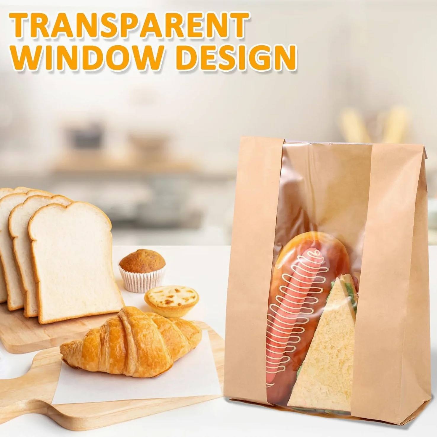 Sacchetti di carta per pane – Confezione da 50 sacchetti per pane fatti in casa con finestra trasparente con etichette adesive adesive per pasticceria sacchetti per biscotti, pane e dolcetti