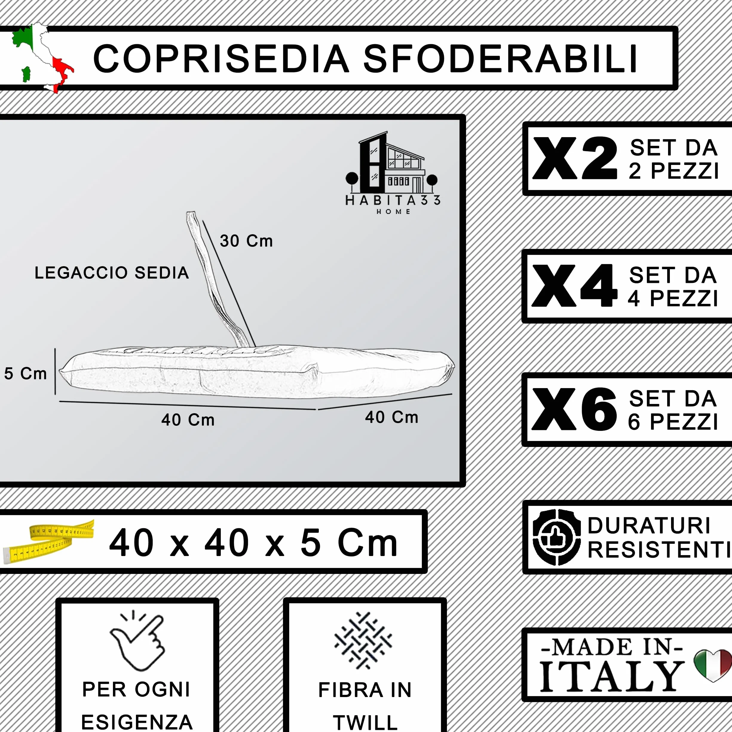 Cuscini Sedie Cucina Set da 4, 40x40 cm, Coprisedia con Laccetti, Sfoderabili, Made in Italy