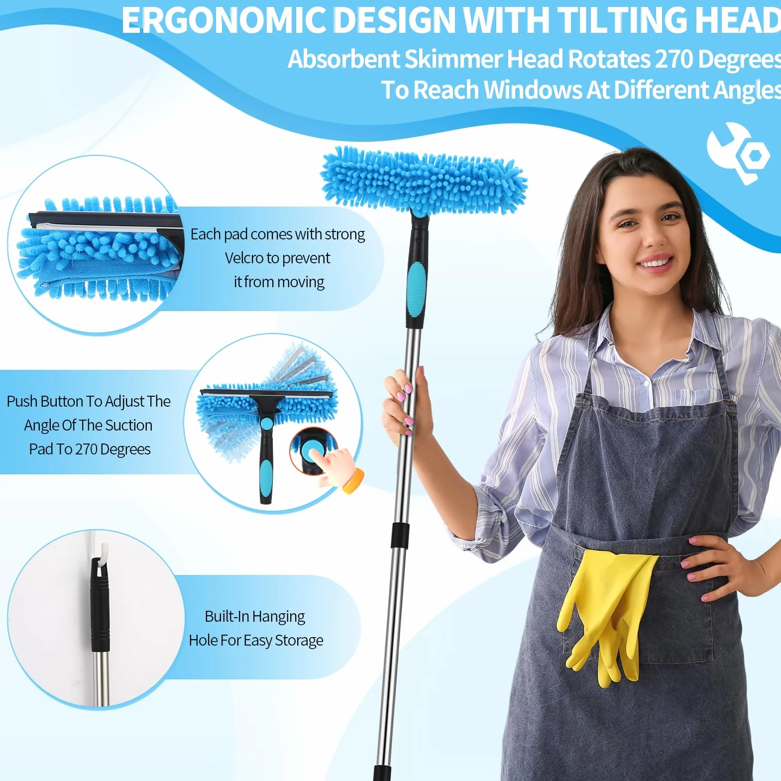 Raschietto per Vetri Professionale 2 in 1, Kit Pulizia Vetri con Manico Telescopico 240 cm, Testa Flessibile, Blu