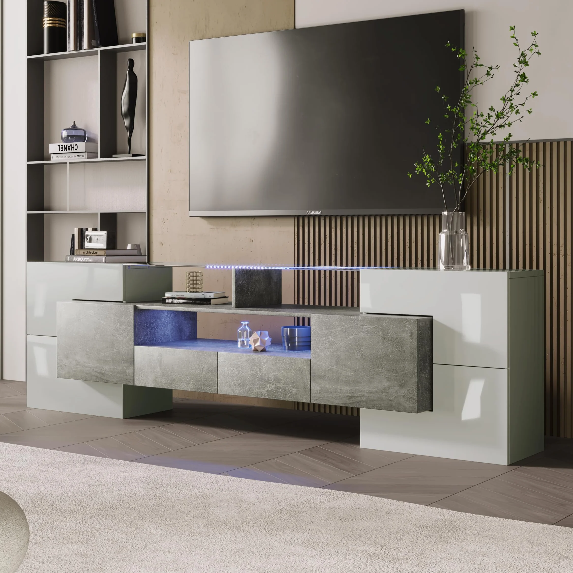Mobile elegante per TV, Lowboard. 200 cm, illuminazione a LED, mobili per soggiorno. Design moderno. Elegante superficie in vetro. (Bianco lucido e cemento + MDF)