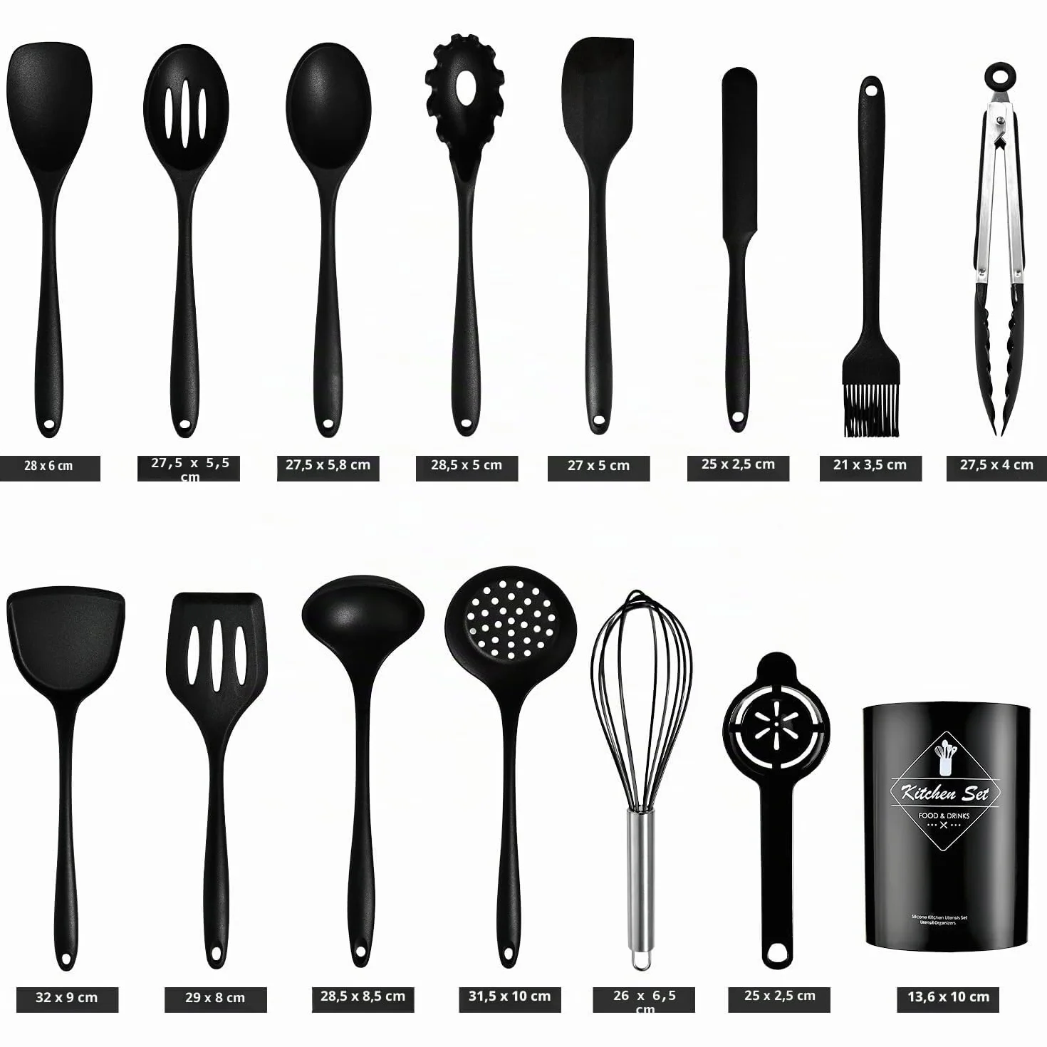 Set 15 utensili da cucina in silicone con manici in acciaio inossidabile, resistenti al calore, neri
