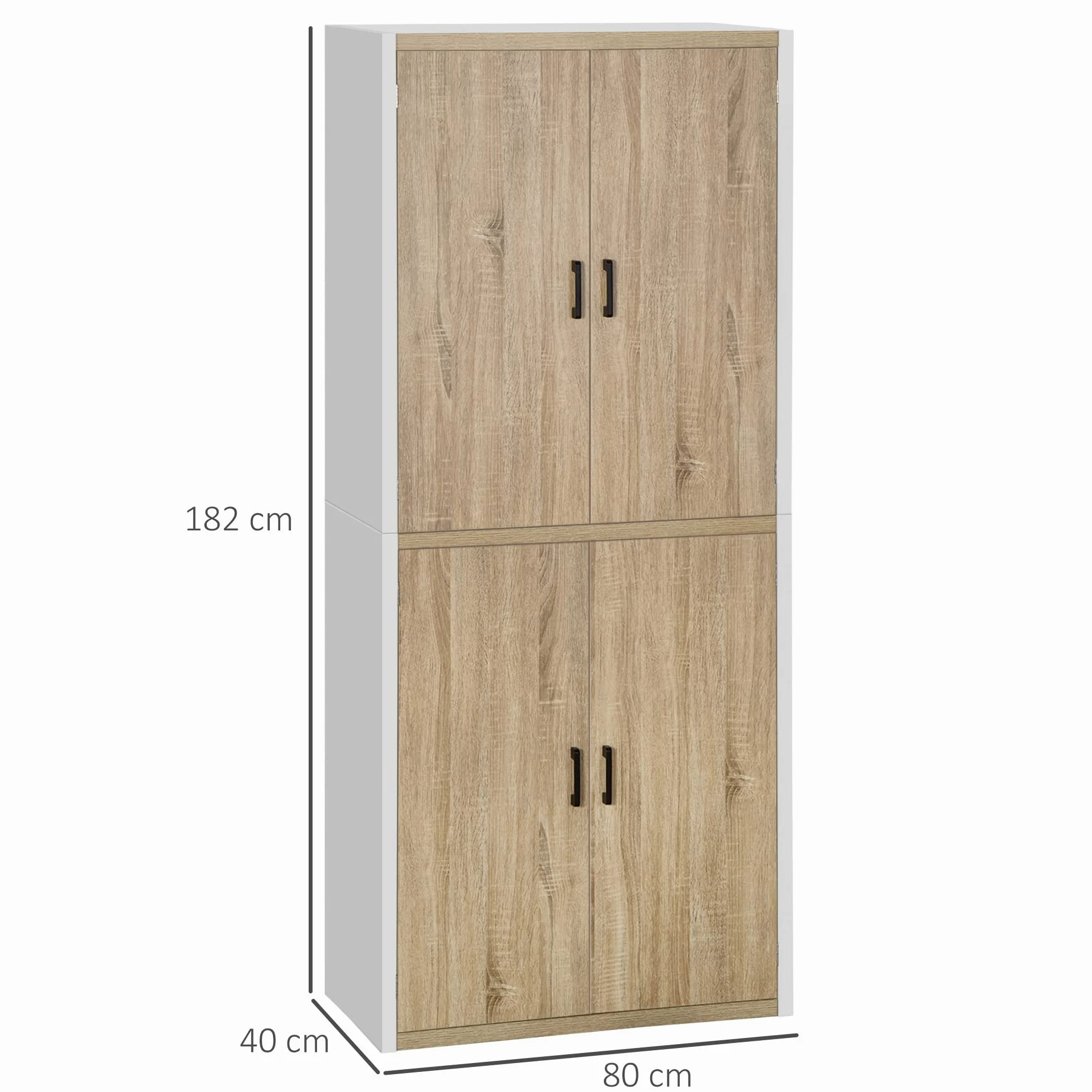 HOMCOM Credenza Cucina con 4 Ripiani Regolabili, Mobile Cucina Dispensa in Legno MDF, 4 Porte e Dispositivo Antiribaltamento, 80x40x182cm, Color Legno e Bianco