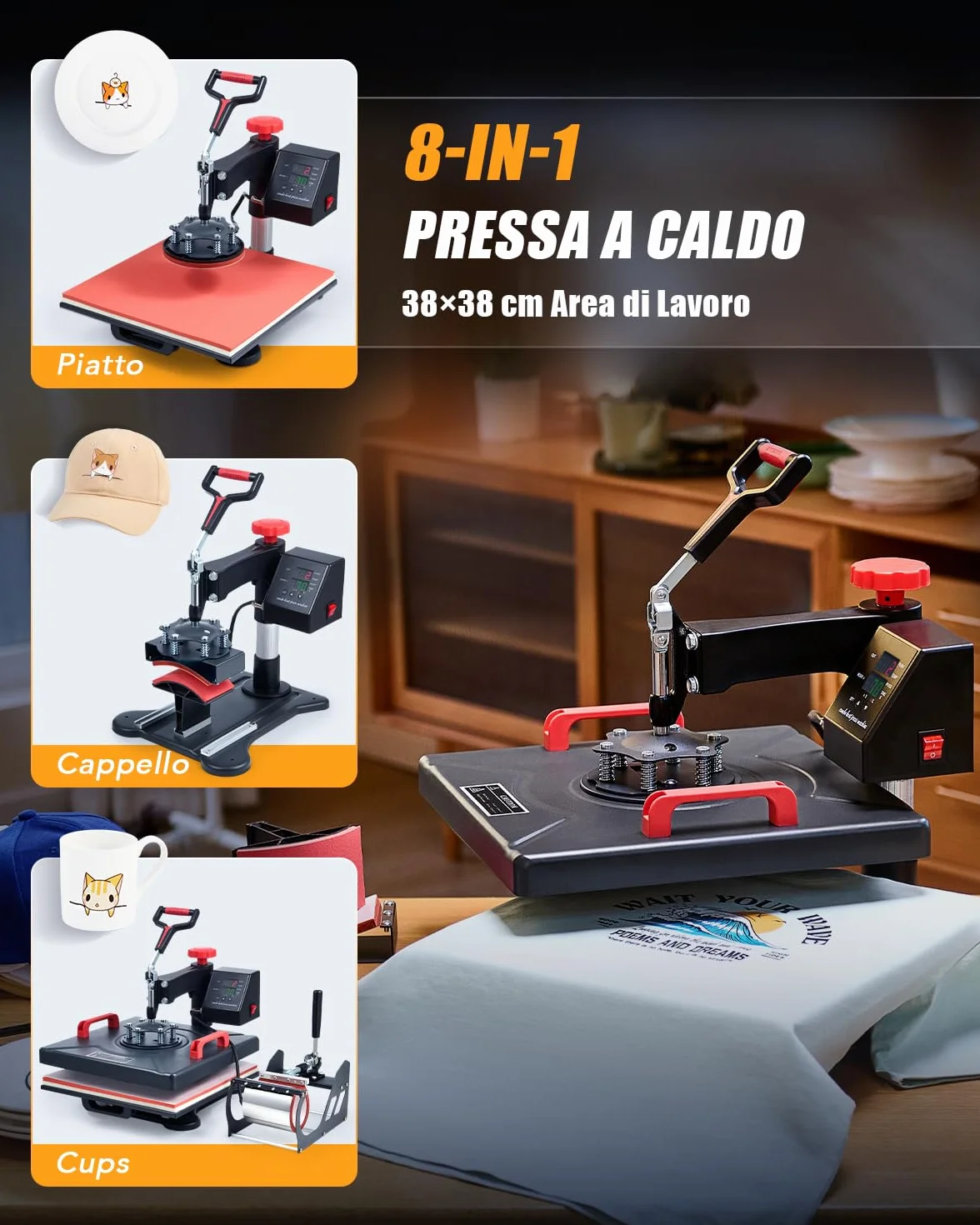 CREWORKS 38x38cm Pressa a Caldo 8 in 1 Macchina per Sublimazione Digitale Oscillante 360 Gradi Termopressa