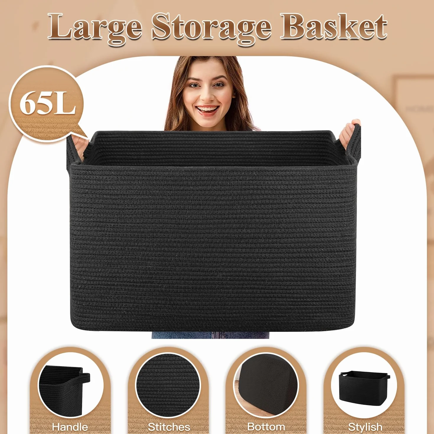 Esteopt Cesto portaoggetti pieghevole extra large da 65 l, con manici, in tessuto resistente, per giocattoli, coperte, vestiti stagionali, design pieghevole salvaspazio (55 x 38 x 30 cm) (nero)