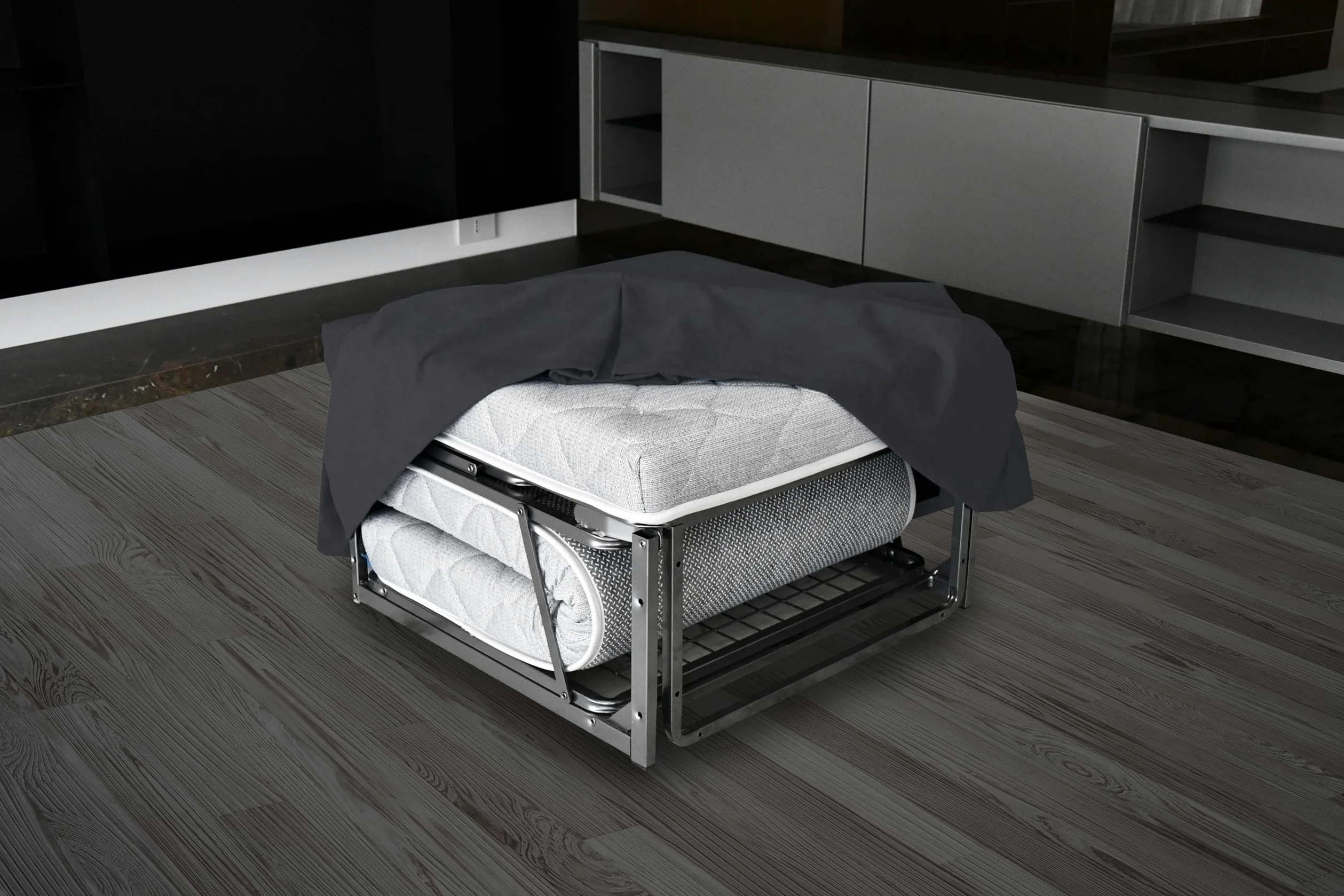 Nuvole di Sonno- Pouf Letto Reverso con Materasso in Waterfoam Alto 11 cm, Tessuto Sfoderabile e Lavabile, Rete Ortopedica Pieghevole, Salvaspazio per Camera e Soggiorno, Design Moderno Made in Italy