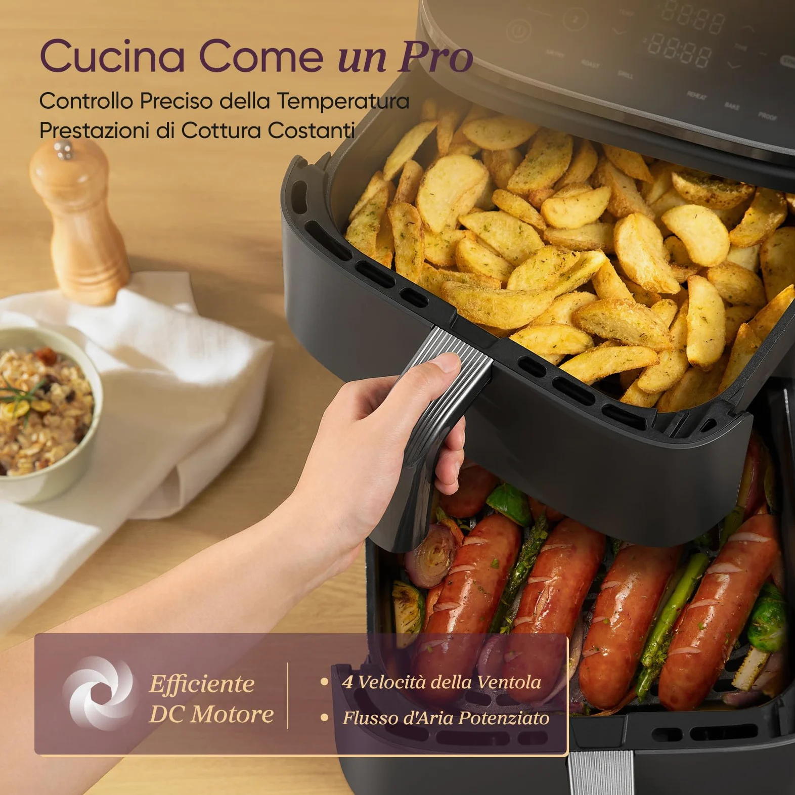 COSORI Turbo Tower Friggitrice ad Aria 10,8L con Cestelli Verticali, Cottura Salvaspazio a 3 Livelli, 2630W, 6 Funzioni, 2 Motori DC, 50+ Ricette Complete Online,CAF-DC111,Grigio