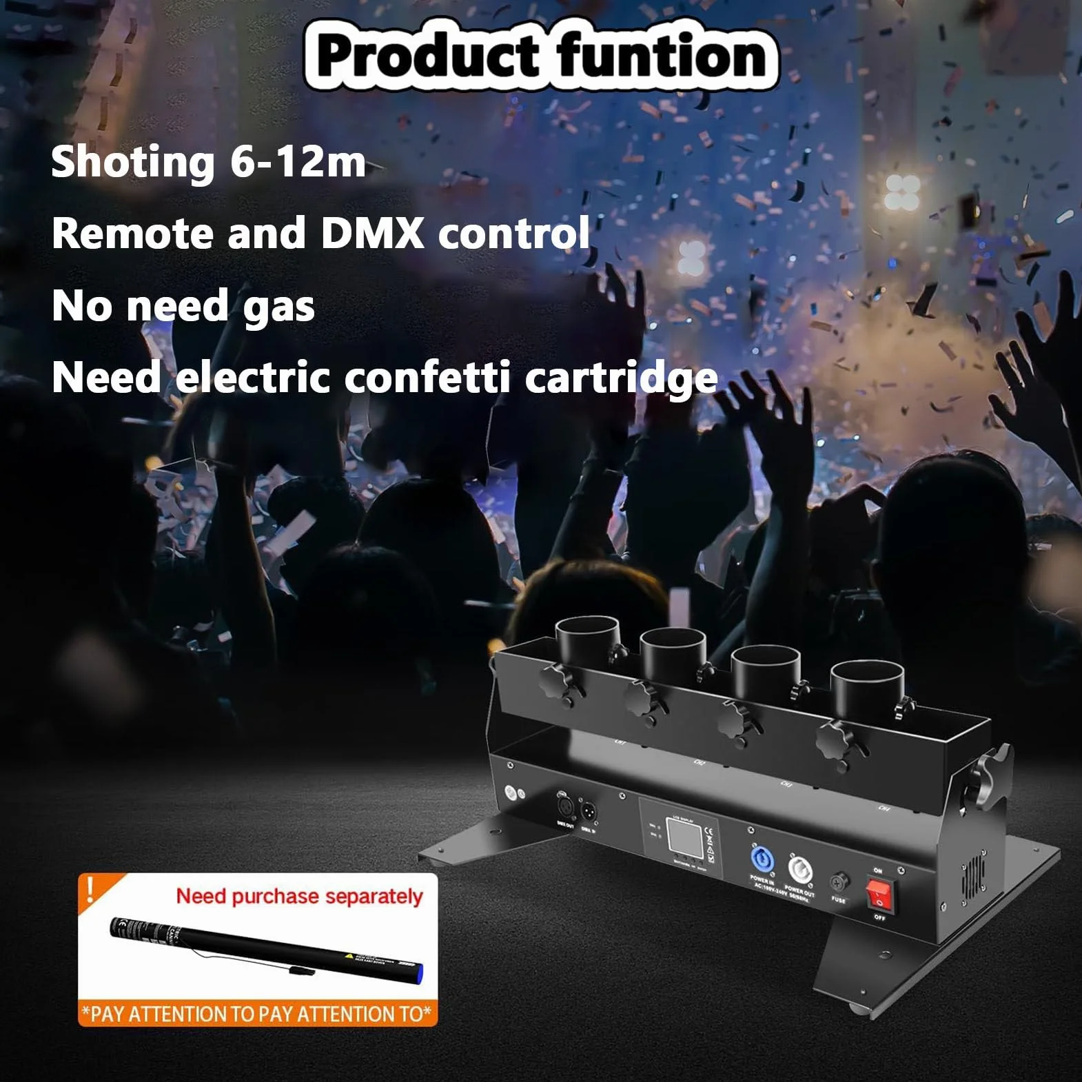 Lanciatore di coriandoli elettrico, macchina professionale per lancio di coriandoli a 4 colpi, cannone per coriandoli DMX512/telecomando per matrimoni, spettacoli, discoteche, club, palco, feste