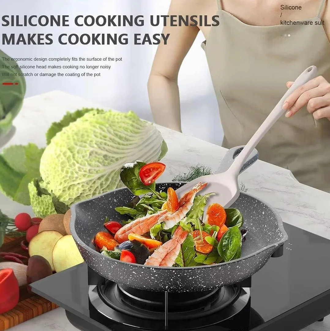 Set di 15 utensili da cucina in silicone con manici in acciaio inossidabile, resistenti al calore e antiaderenti, con portautensili, lavabili in lavastoviglie, Cachi(senza BPA)
