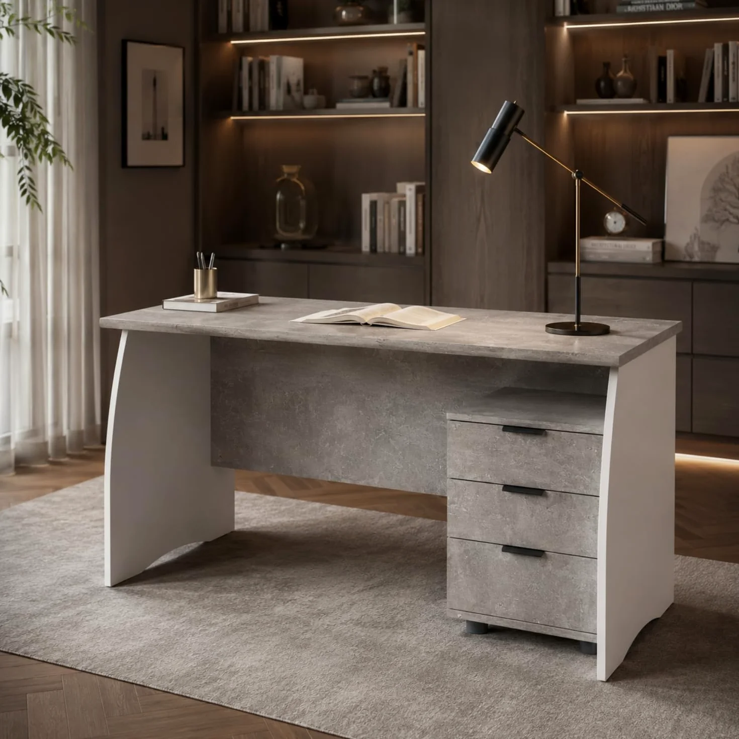 Arreditaly Scrivania con 3 Cassetti Bliss Scrittoio da Studio o Ufficio Mobile Desk da Soggiorno Sala da Pranzo 136 x 74 x 67 cm Colore Bianco E Grigio Cemento