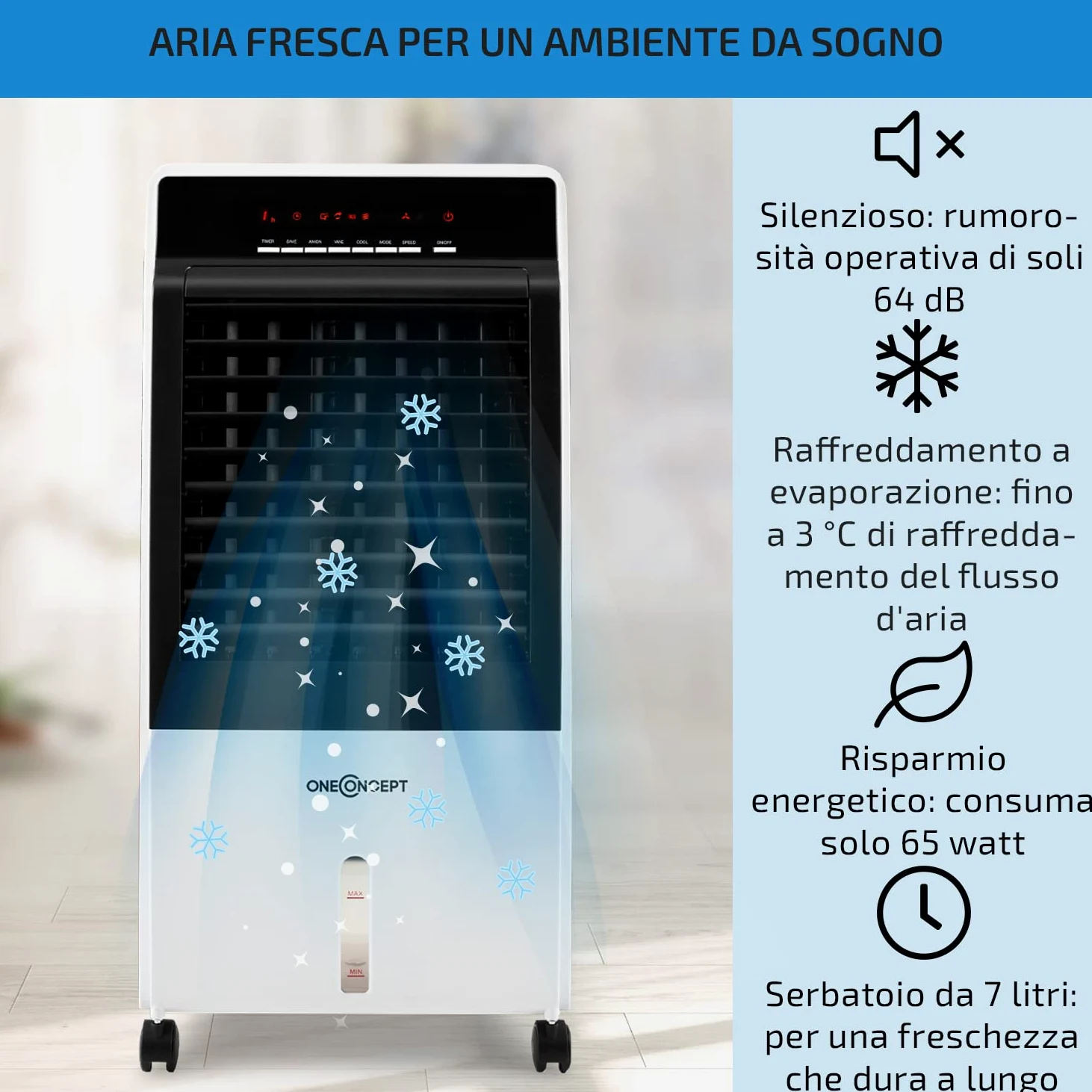 OneConcept Condizionatore Portatile Senza Tubo 65W 4 in 1, Umidificatore, Climatizzatore Portatile, Ionizzatore per Casa/Ufficio, Ventilatore Aria Fredda, Raffrescatore d’Aria 360m³/h, Serbatoio da 8L
