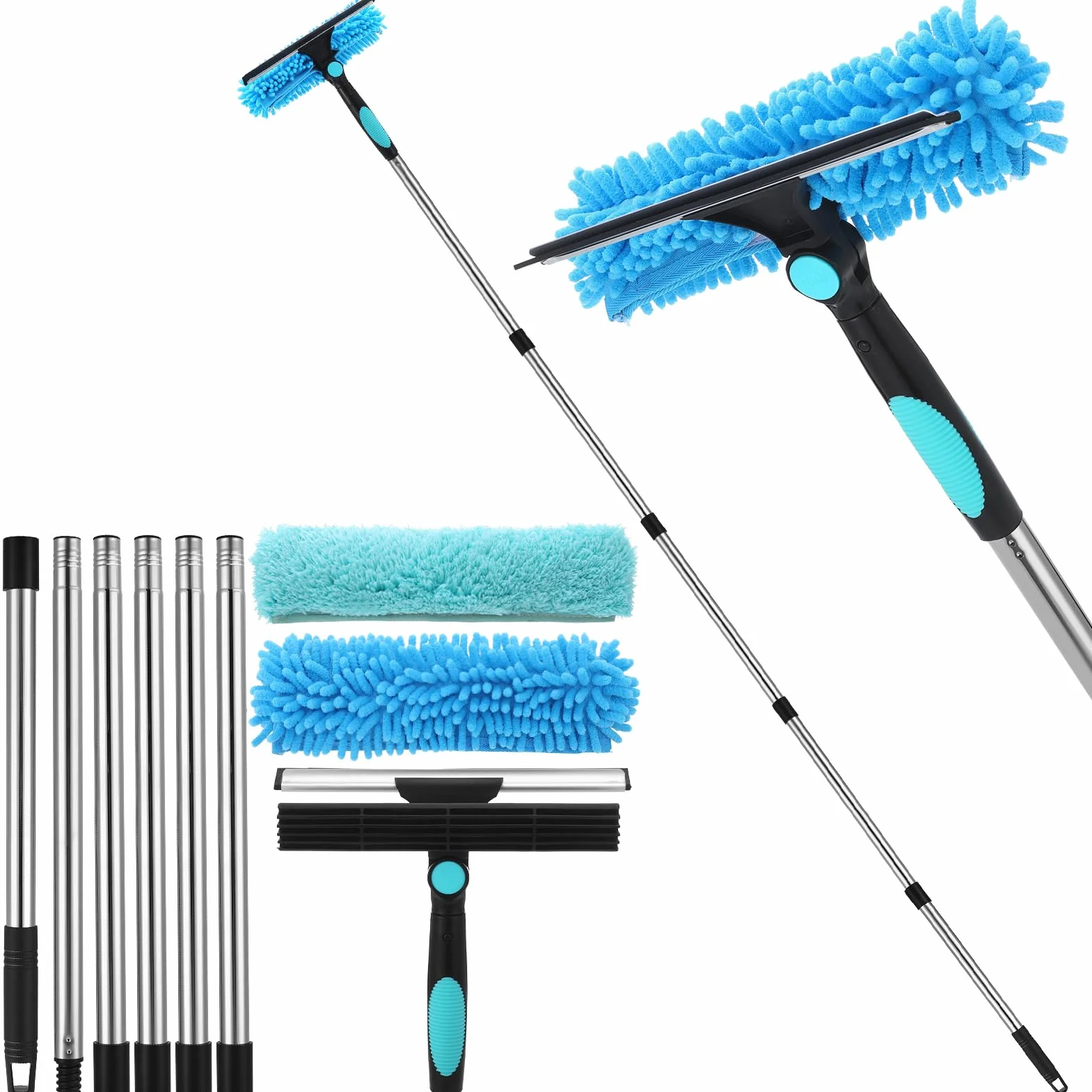 Raschietto per Vetri Professionale 2 in 1, Kit Pulizia Vetri con Manico Telescopico 240 cm, Testa Flessibile, Blu