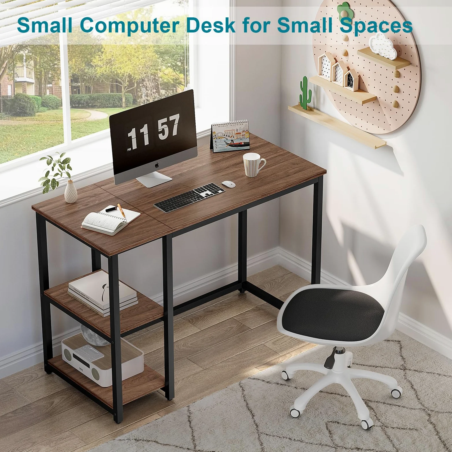 WOHOMO Scrivania per computer, 120 cm, con 2 ripiani, ampio spazio per riporre oggetti, studio, laptop, marrone