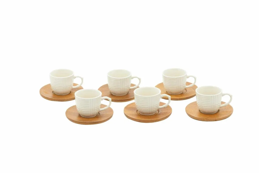 DIMO COMMERCIALE Servizio Set 6 Caffe Tazzina in Ceramica con Piattino, Bianco/Legno Naturale, Unica