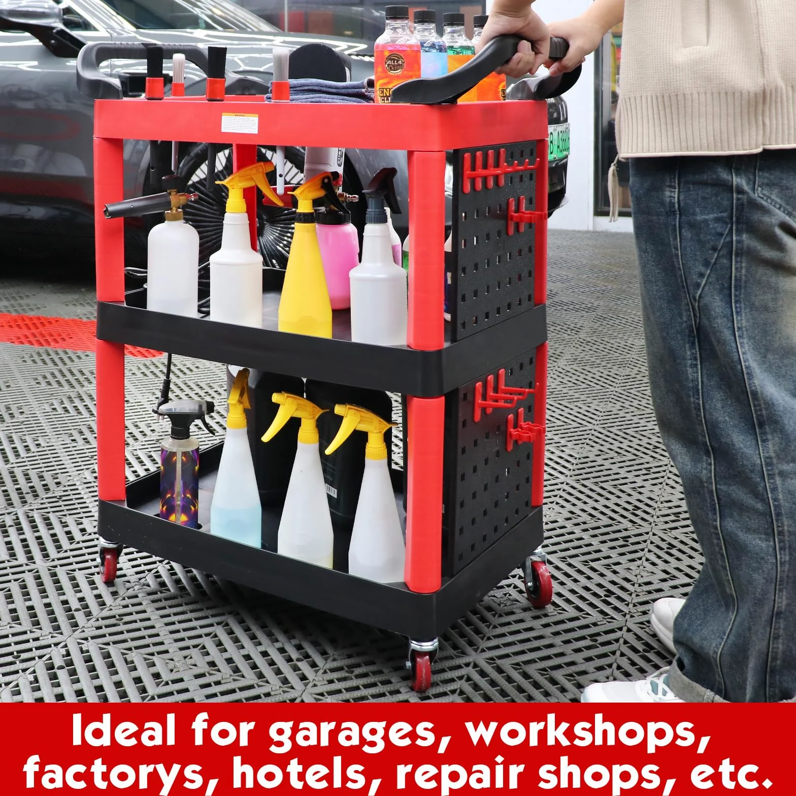Carrello per dettagli auto con ruote, carrello per dettagli auto a 3 livelli con assi e ganci appesi, organizer per autolavaggio per garage, officina, casa fai da te