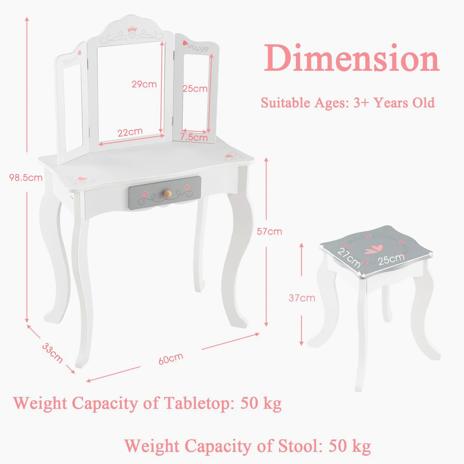 LIFEZEAL 2 in 1 Toeletta con Specchio Rimovibile e Sgabello per Bambini, Tavolo da Trucco in Legno con 10 Giocattoli per Ragazze di 3+ Anni, Portata di 50 kg, Rosa e Bianco (Specchio Triplo)