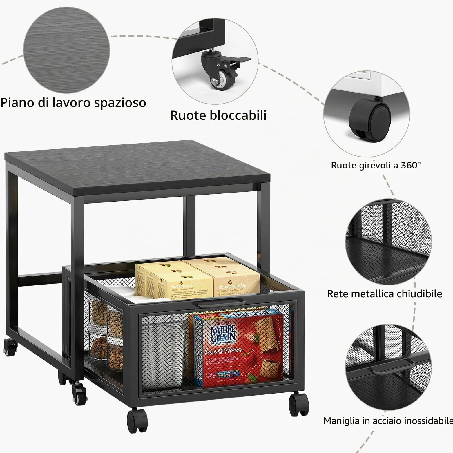 Tavolo per stampante con stoccaggio Drawer, supporto per stampante con ruote universali, supporto per stampante portatile in legno e metallo, 50 x 50 x 43 cm, portata fino a 70 kg, per ufficio, casa