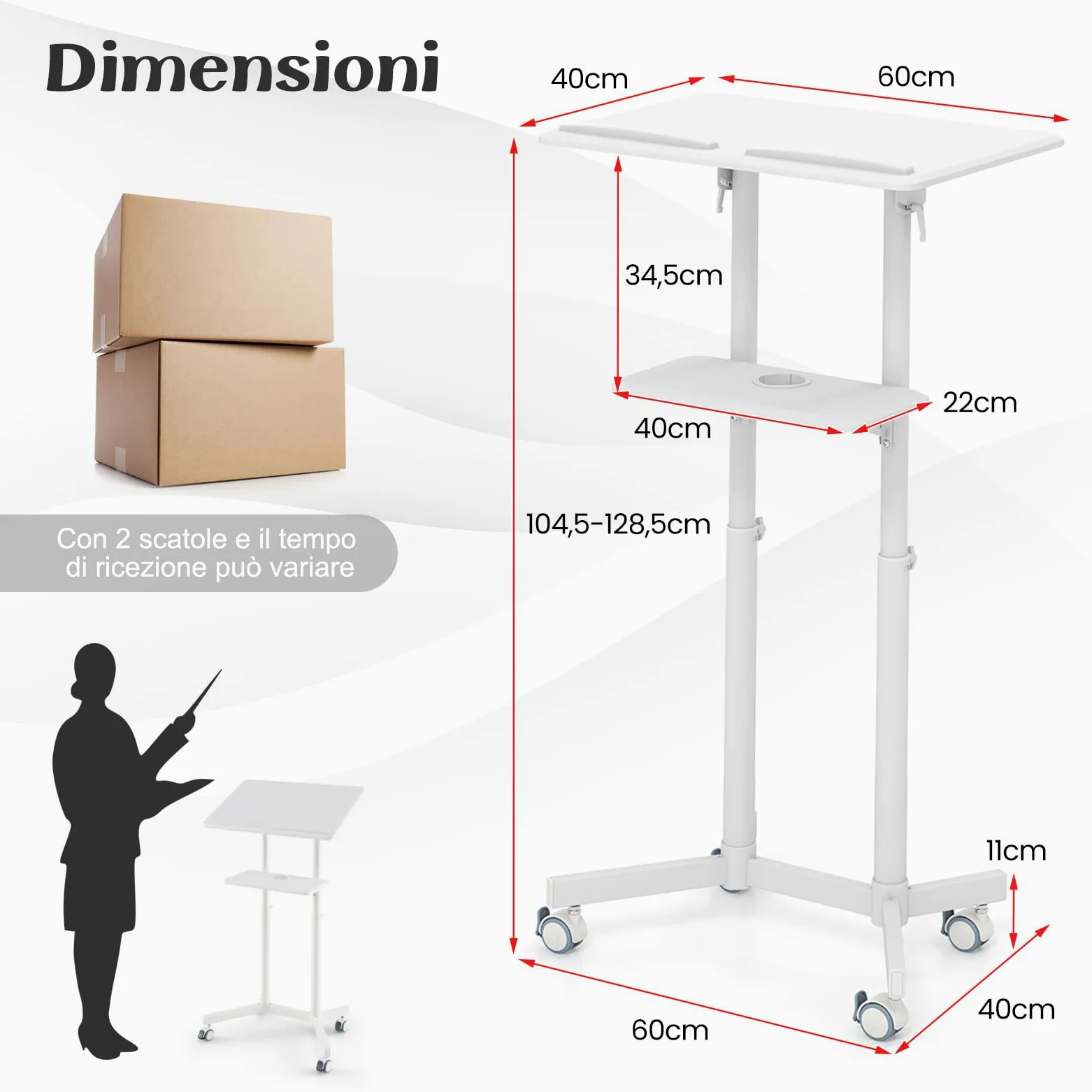 COSTWAY Podio per Conferenze, Pulpito Portatile per Laptop con Piano Inclinabile e Regolabile in Altezza, Vassoio Portaoggetti, Portabicchieri e Ruote Bloccabili (Bianco)