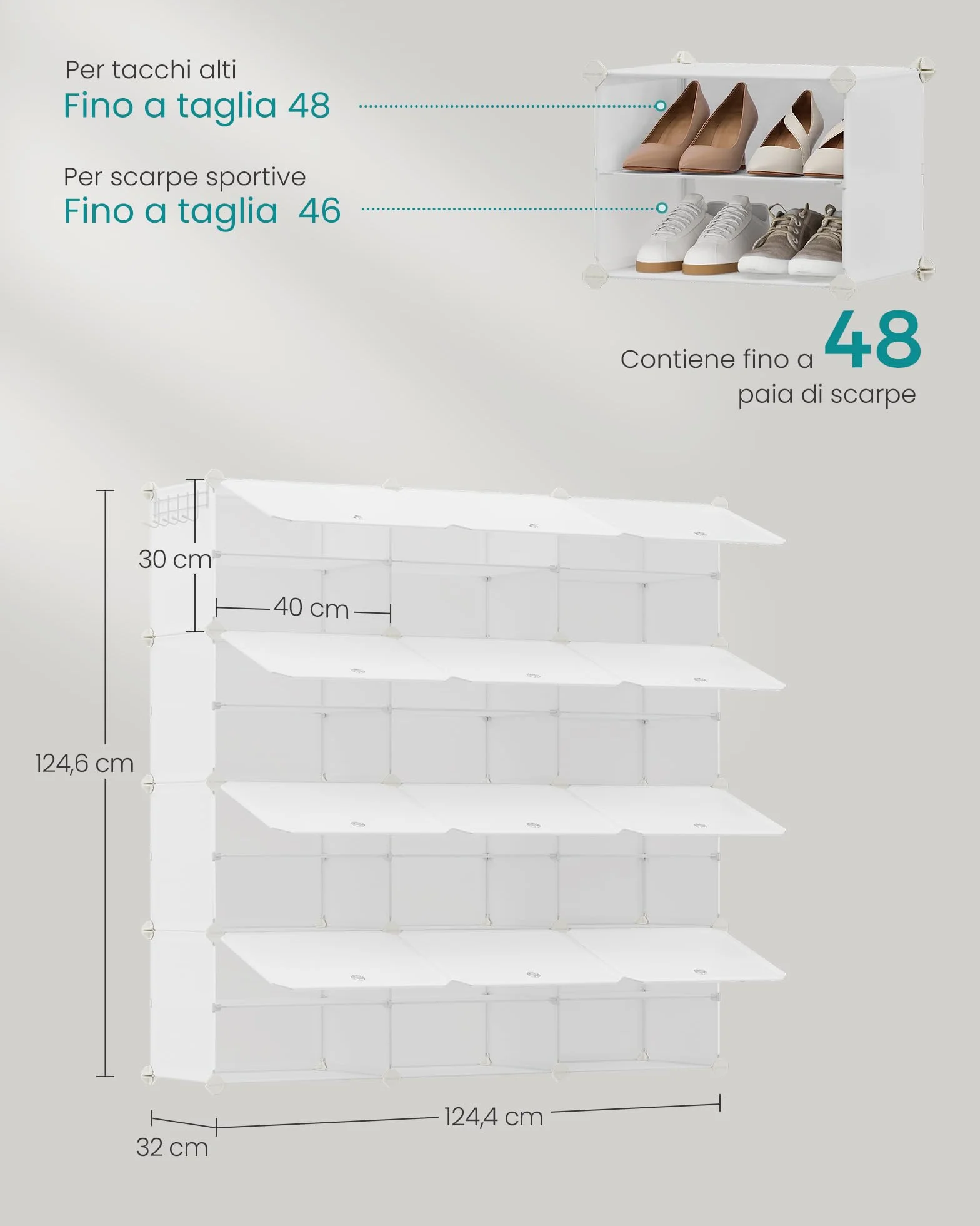 SONGMICS Scarpiera Modulare 12 Scomparti 48 Paia Scarpe con Sportelli Telaio Acciaio Bianco Nuvola LPC040W02