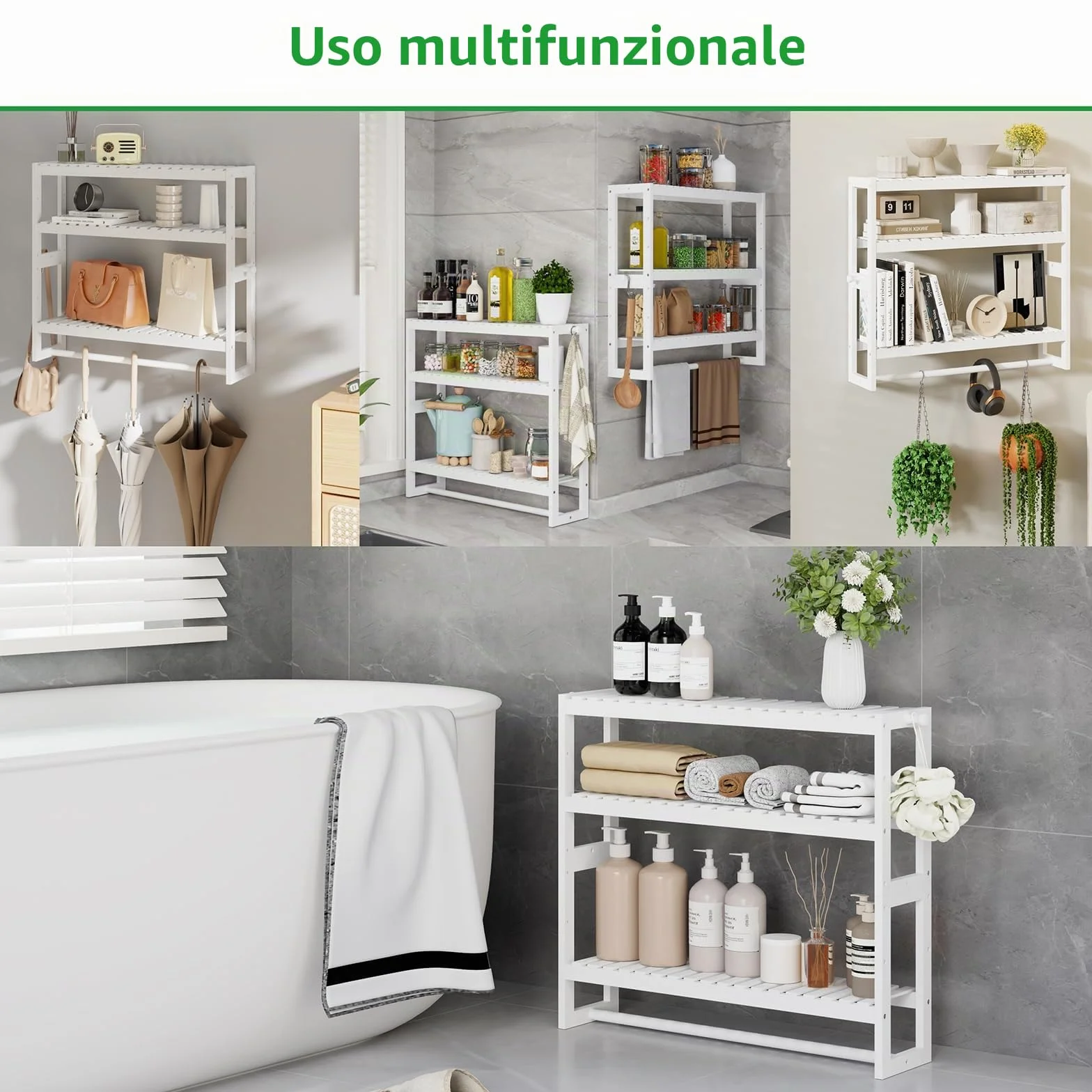 Mensola portaoggetti da bagno 50x53,2x15 cm 3 livelli regolabili bambù bianco con asta appendiabiti