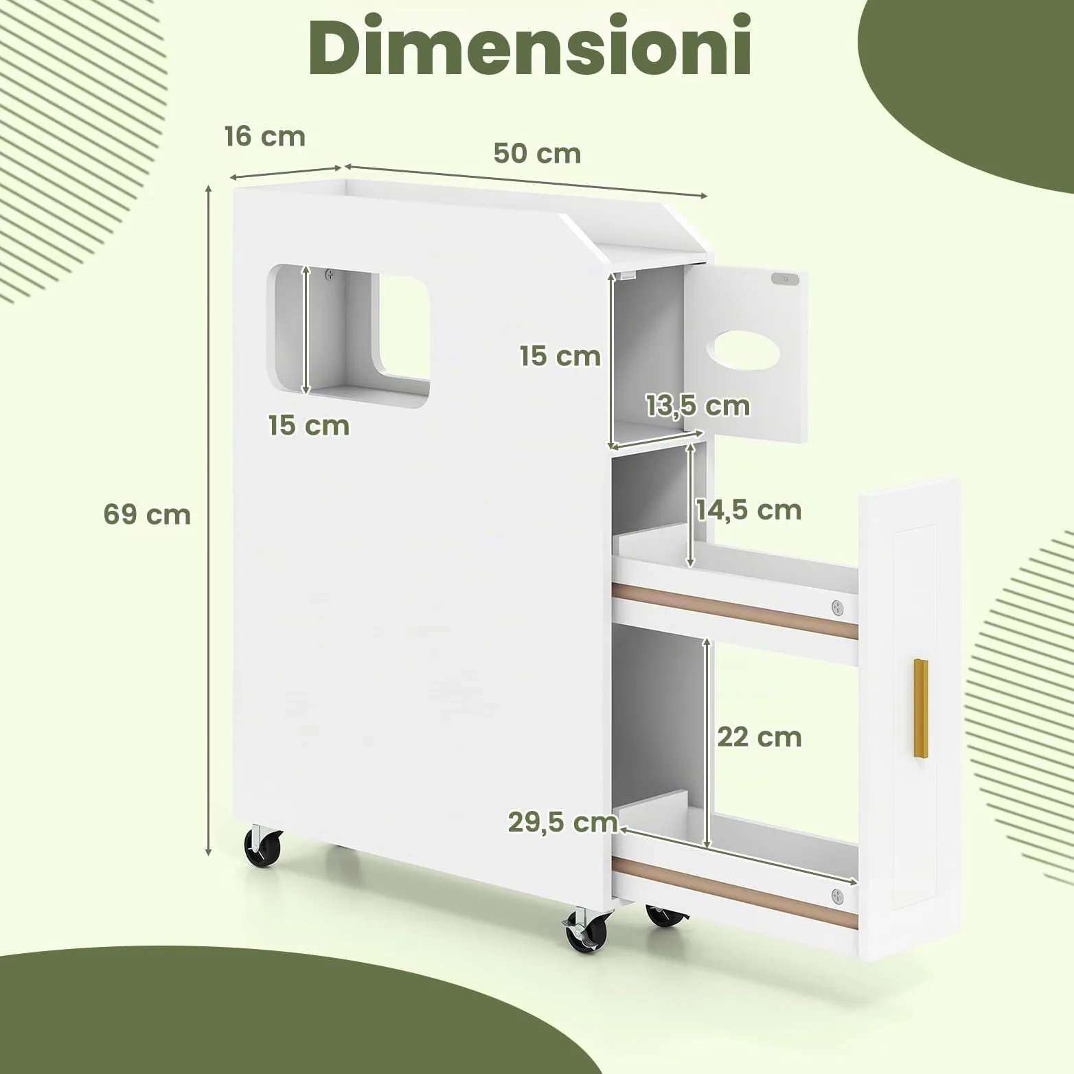 GIANTEX Piccolo Mobile da Bagno 16 cm, Armadietto da Bagno Stretto, Porta Carta, Porta Spazzola, Mobile WC Compatto con Cassetto e Ruote, Organizzazione del Bagno per Spazio Piccolo, Bianco