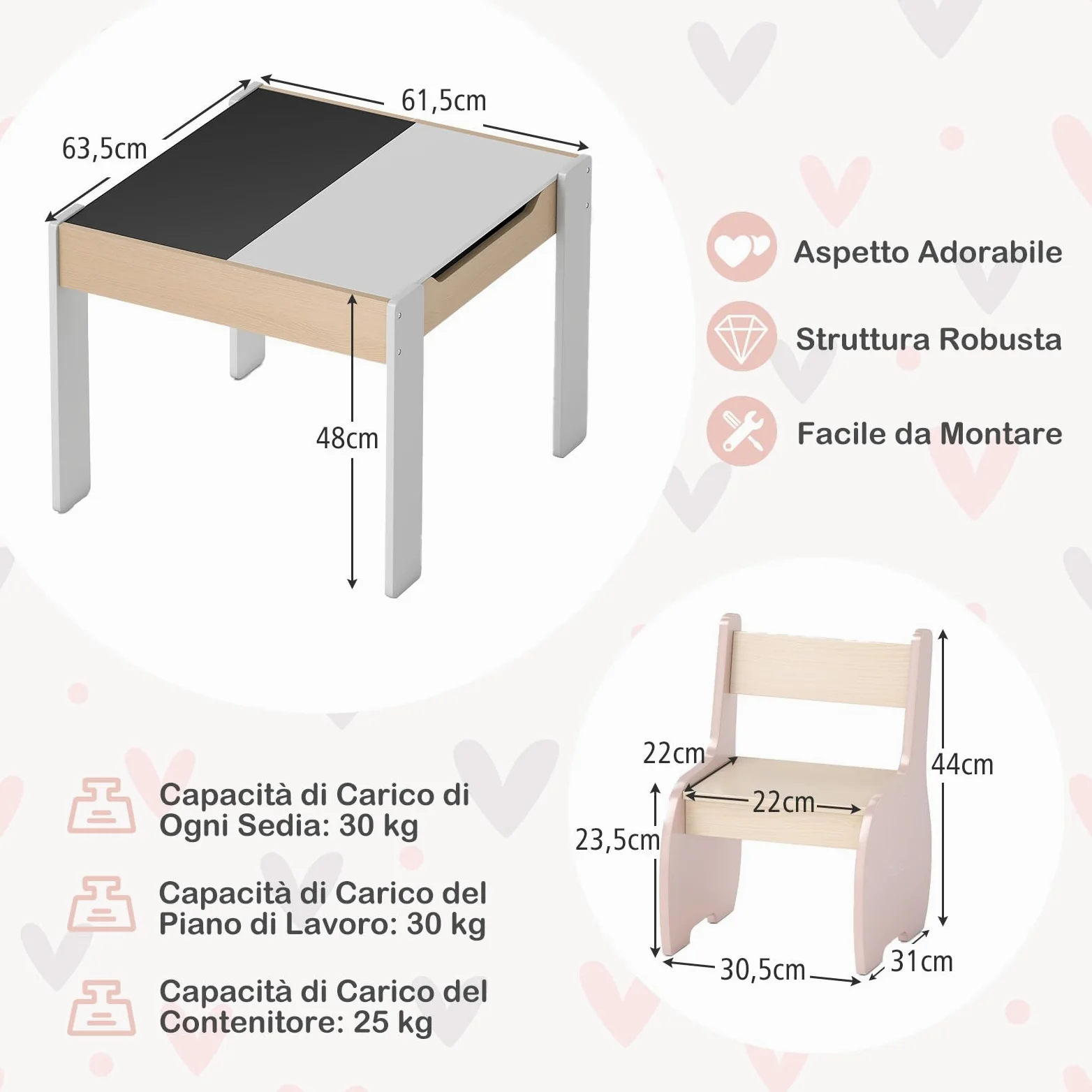 COSTWAY 3 in 1 Set Tavolo e Sedie per Bambini, Tavolo da Attività per Bambini con 2 Sedie, Lavagna Rimovibile e Deposito, per Giocare, Disegnare e Leggere, in Legno (Rosa)