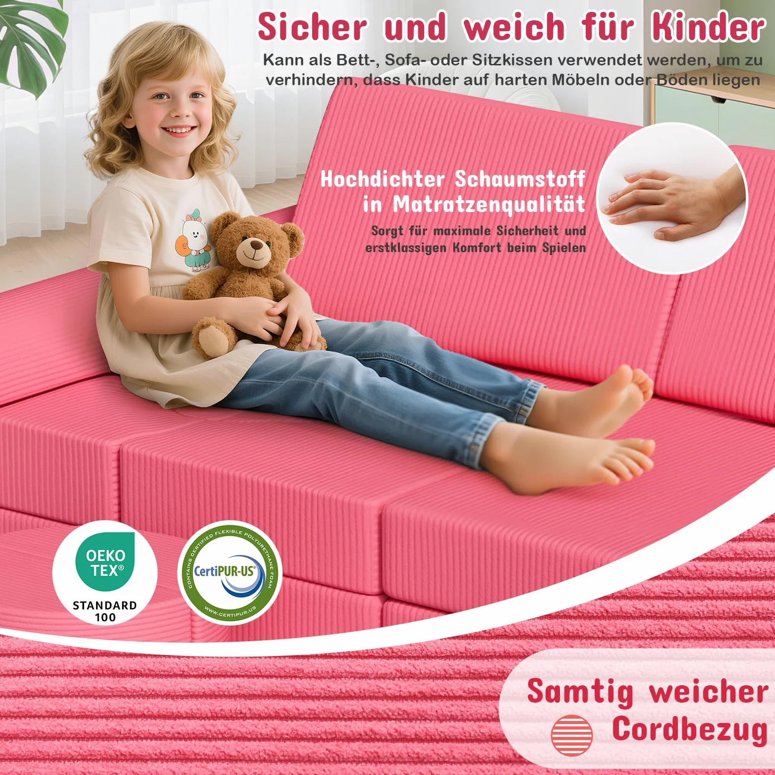 Divano per Bambini 15 Pezzi, Divano da Gioco per Bambini, Divano Gioco Modulare in Schiuma, per Camera da Letto e Sala Giochi, Mobili Creativi per Sala Giochi, Regalo bambini, Velluto a Coste (Rosa)