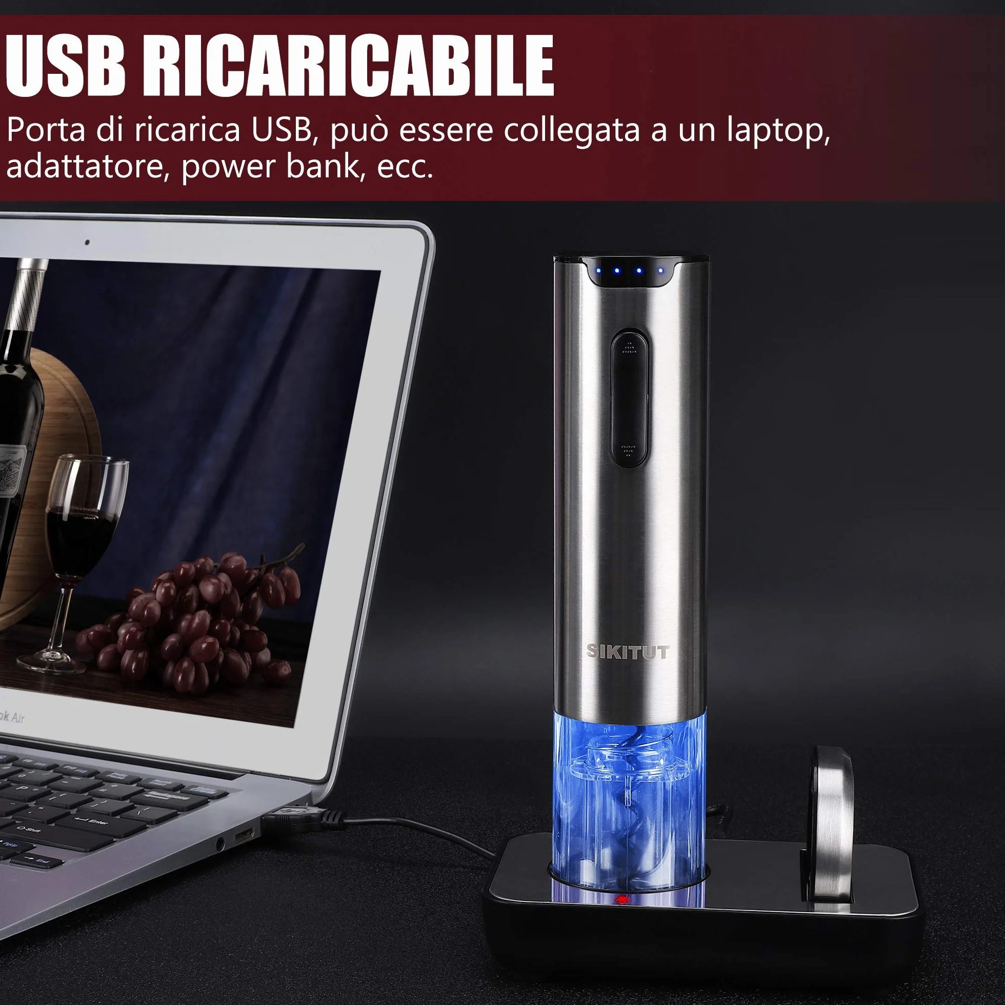 Cavatappi Elettrico Professionale Acciaio Inossidabile con Indicatore LED Batteria e Base Ricarica USB