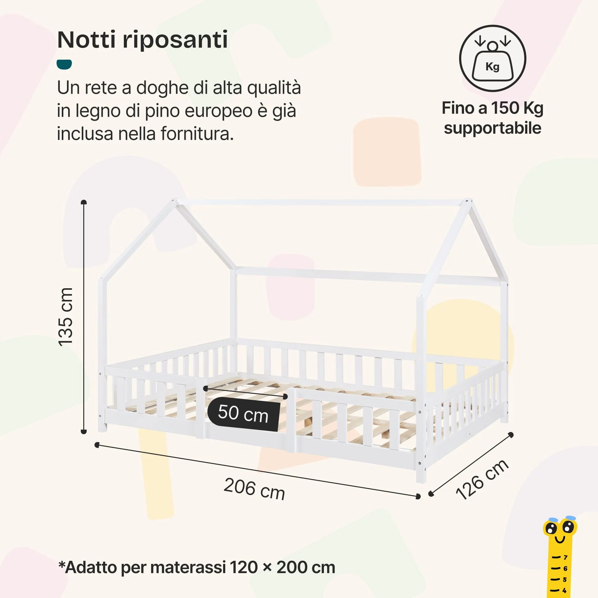 [en.casa] Letto Casetta per Cameretta Letto Piazza e Mezza per Bambini con Barriere di Protezione Struttura in Legno di Pino con Zona di Riposo 120x200 cm Bianco