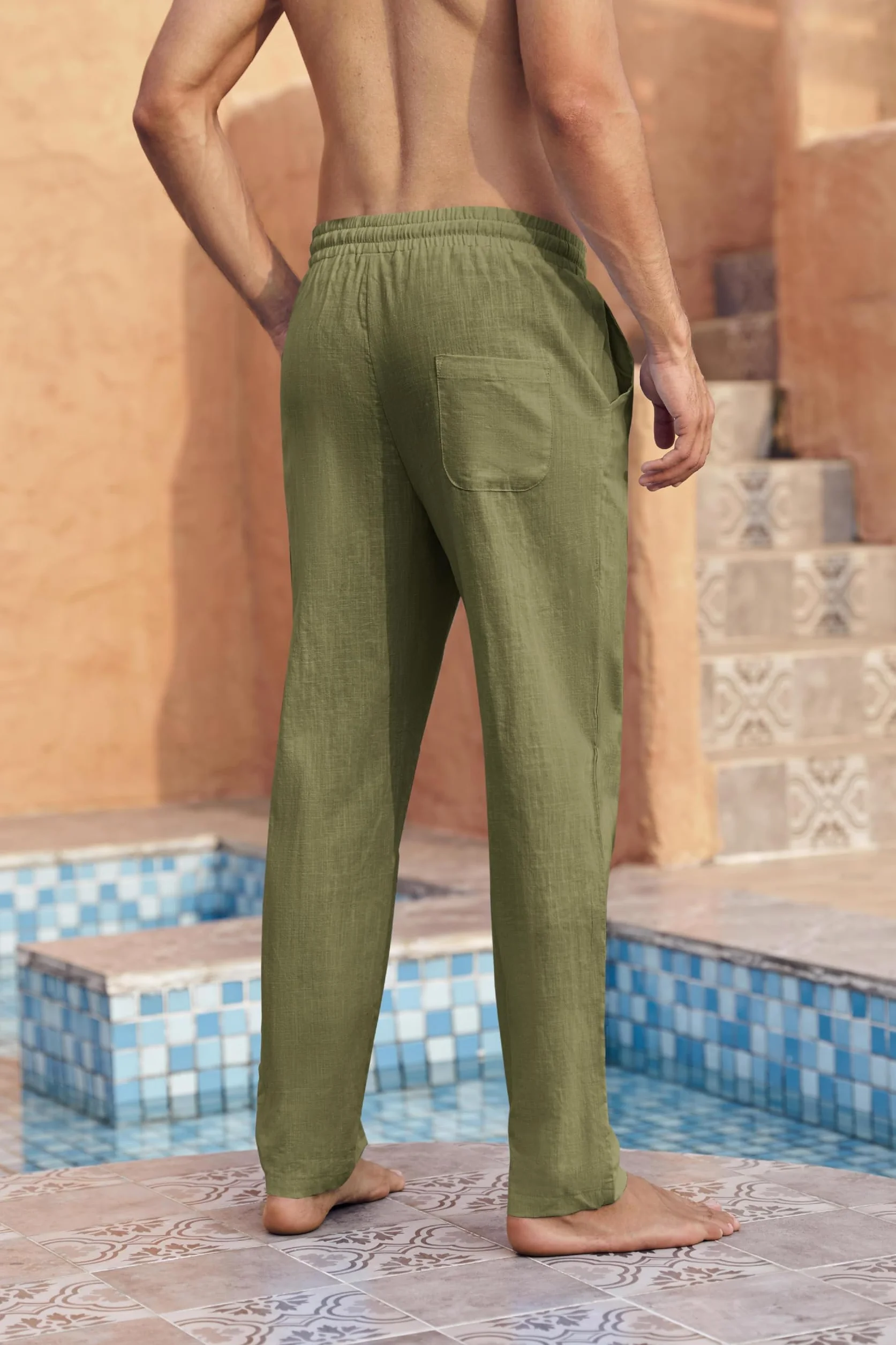 Pantaloni da Uomo in Lino, Tinta Unita, Leggeri, Taglio Largo, per Vacanze e Spiaggia