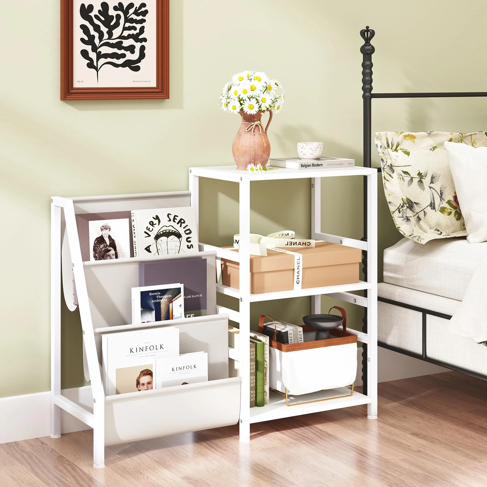 COSTWAY Supporto per Giradischi per Vinili, Porta Giradischi Vinili Fino a 200 Album con 3 Ripiani, 6 Tasche di Archiviazione e Struttura in Metallo, per Casa Studio e Caffè, 125x30x69 cm (Bianco)