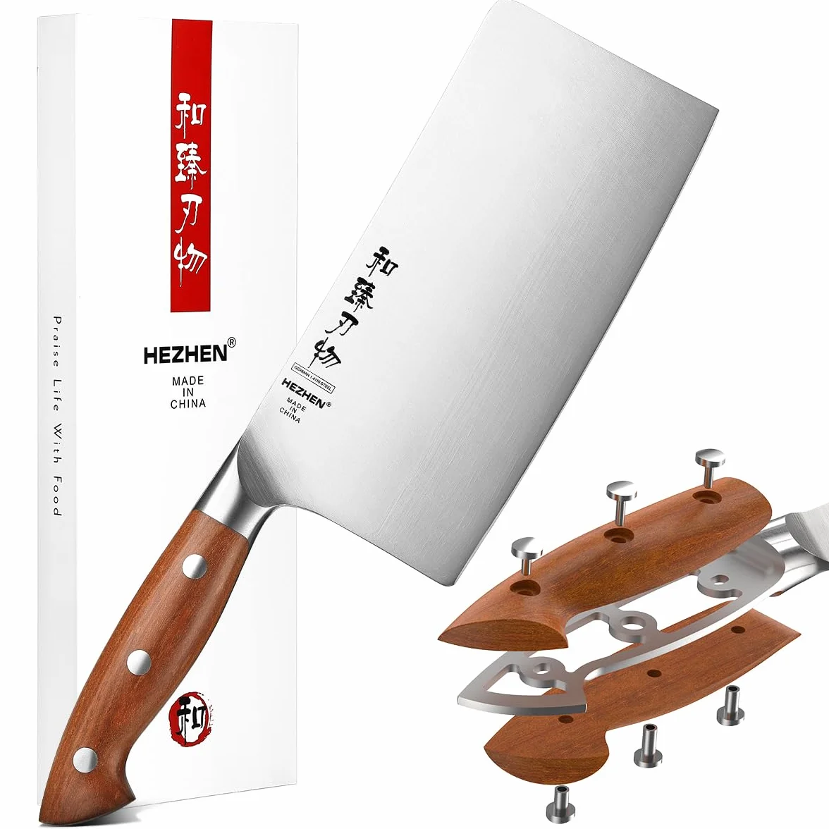 HEZHEN 18cm Mannaia per Carne, Coltello da Chef Cinese, Coltello da Cucina Multifunzionale, Manico in Redwood
