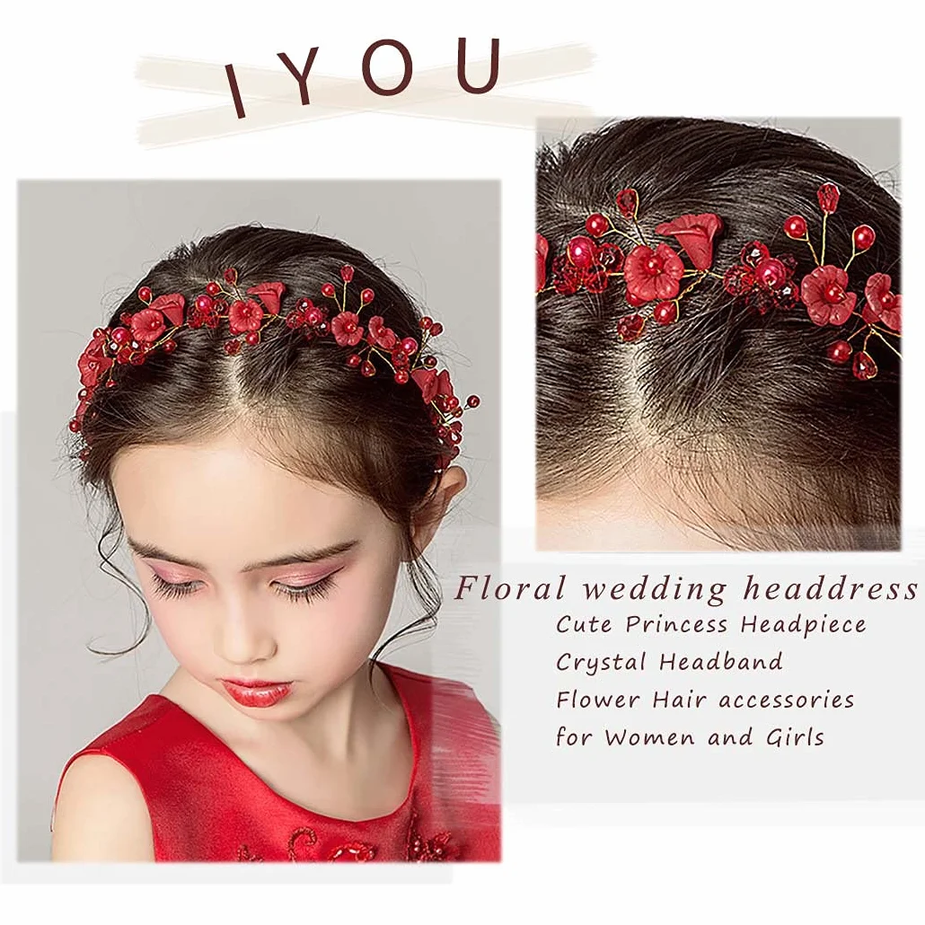 Coroncina Fermaglio Fiori Copricapo Rosso Perle Cristalli Accessorio Capelli Sposa Bambina