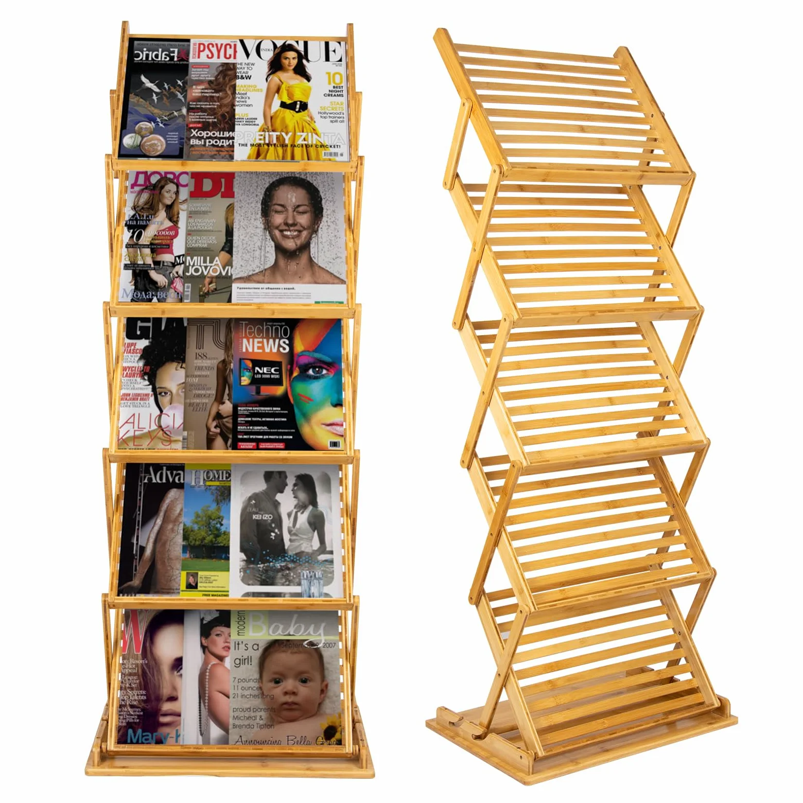 Espositore per Riviste Pieghevole, Portariviste da Terra in bambù, Portatile Espositore per Brochure 5 Scomparti A3 per Volantini, Riviste, Letteratura, Supporto Cataloghi per Fiere, Uffici