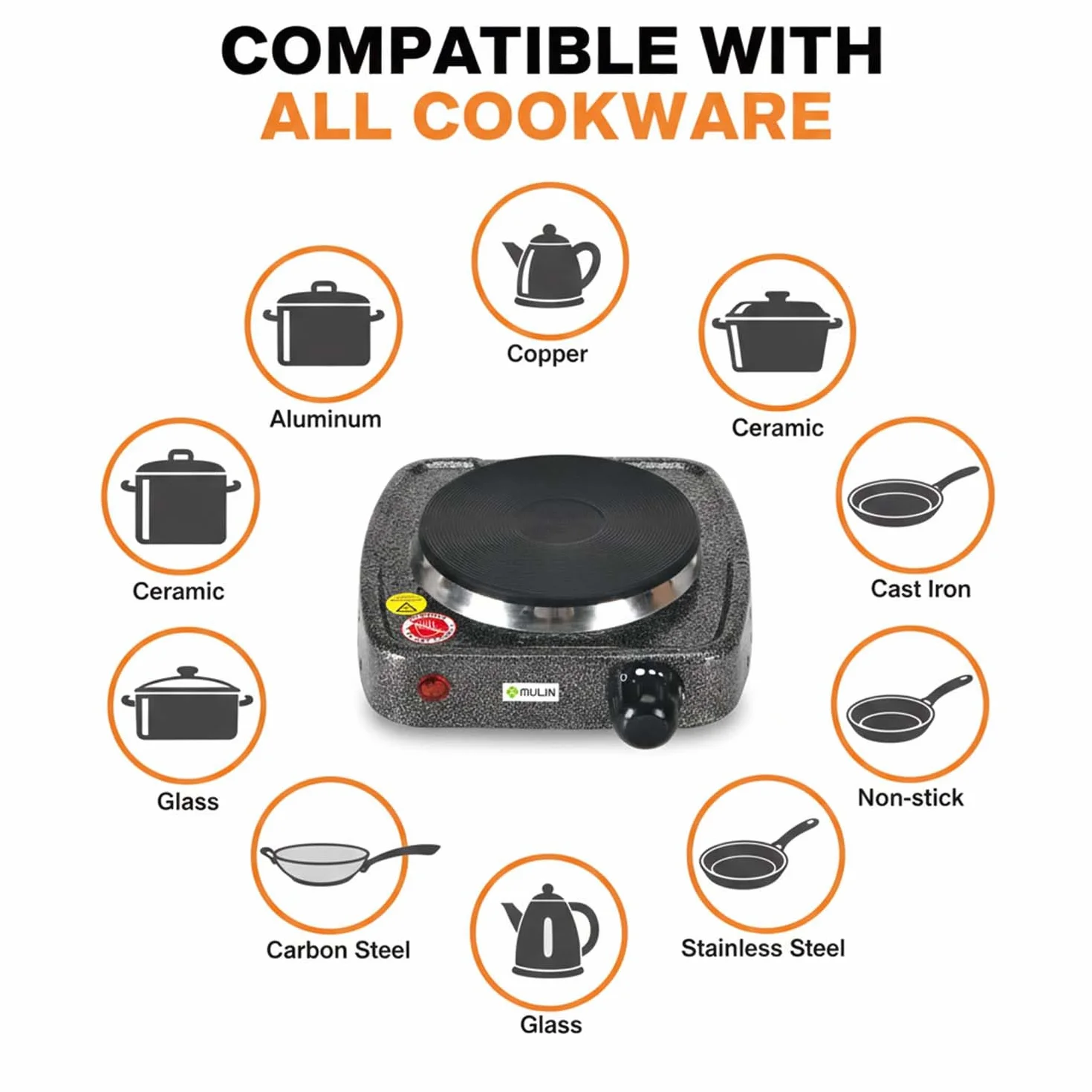 MULIN Piastra Elettrica 500W, Fornello Elettrico Compatto Ghisa Ø10,5 cm, da Tavolo Domestico Campeggio