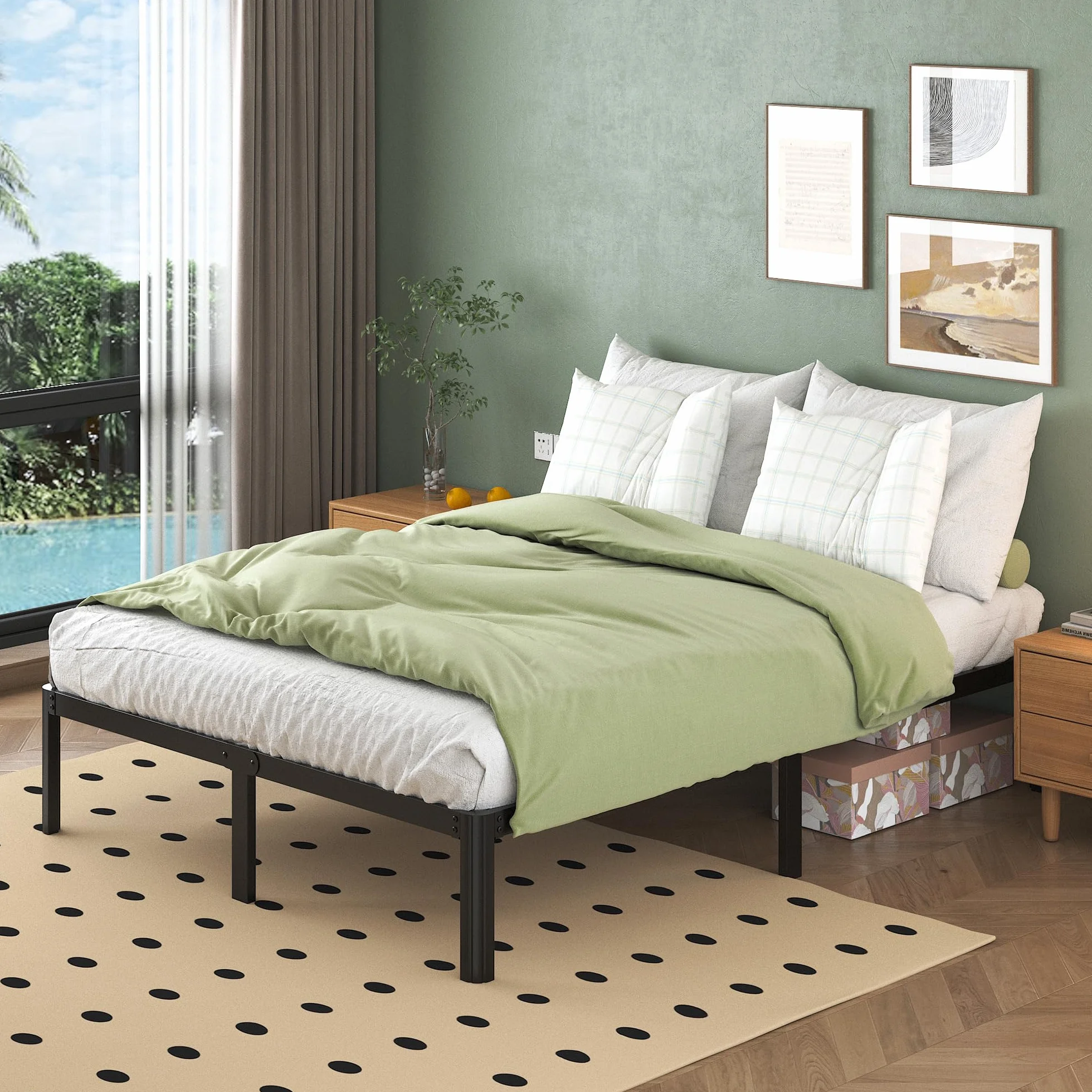 Lutown-Teen Struttura Letto Matrimoniale 180 x 200 cm, Con Gambe Rotonde- Altezza 36 cm, Rete Matrimoniale a Doghe in Metallo, Nero