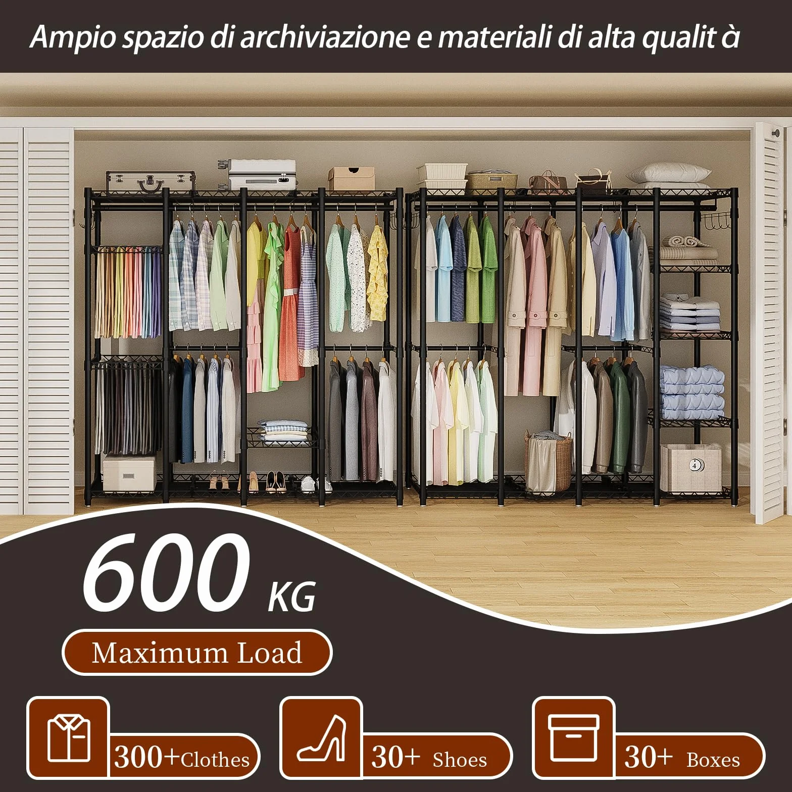AQRA Stand Appendiabiti in Metallo, Altezza Del Ripiano Regolabile, Grande Capacità Guardaroba, 4 Metodi di Assemblaggio, per Appendere i Vestiti, Riporre i Vestiti, 193,5W×43,5D×195H (Nero)