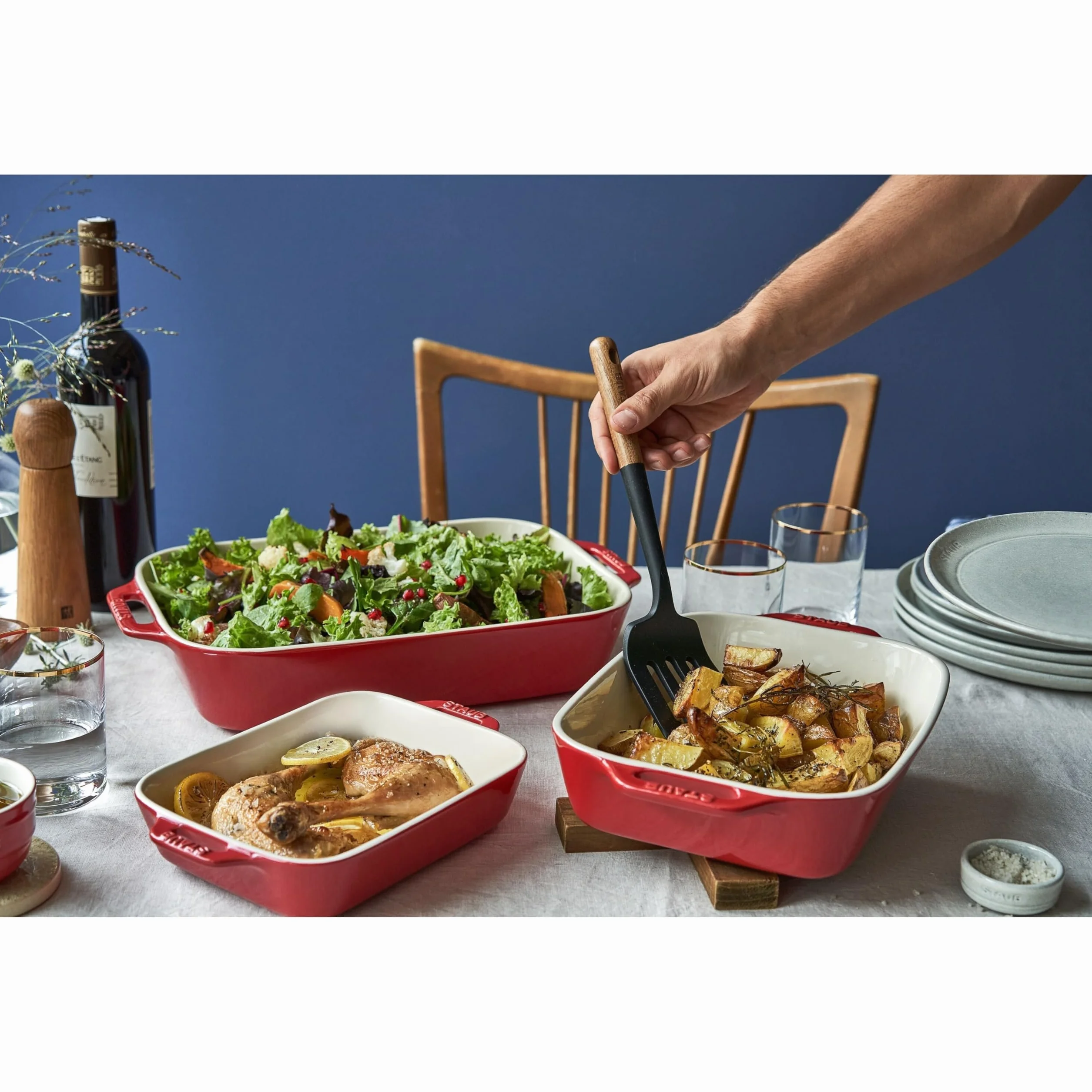 STAUB Ceramique - Set di 3 piastre rettangolari in ceramica, per forno e casseruola, adatto al forno, al congelatore - Ciliegia