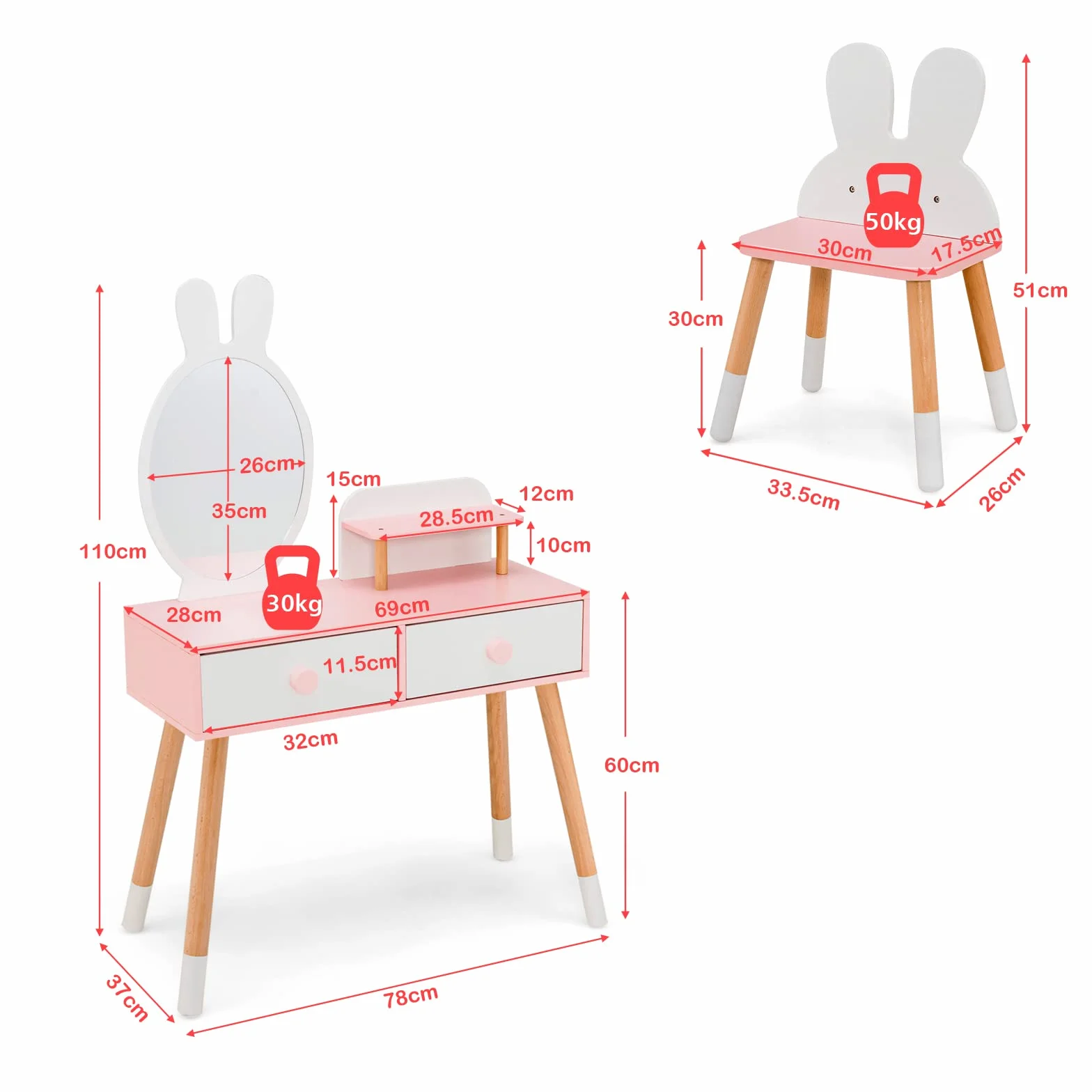 LIFEZEAL Tavolo da toeletta per bambini 2 in 1, specchio di coniglio, parrucchiere per bambini in legno con 2 cassetti e mensola, tavolino con specchio e sgabello per ragazze, tavolo da trucco, sedia