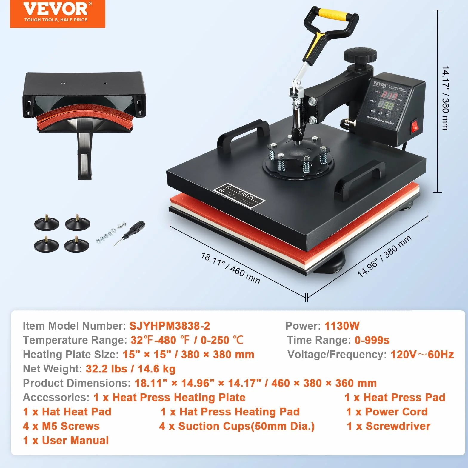 VEVOR 2 in 1 Macchina Digitale per Pressa a Caldo 1500 W 15x15 Pollici Sublimazione Girevole 360°