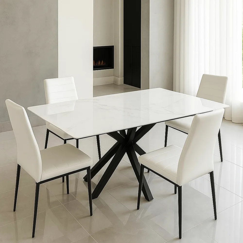 Tavolo da Pranzo in Ceramica Gres Porcellanato 150x90 cm – Piano Lucido Antigraffio Antimacchia – Gambe Incrociate Ferro Verniciato Nero – Finitura Pandora o Calacatta Bianco Marmo