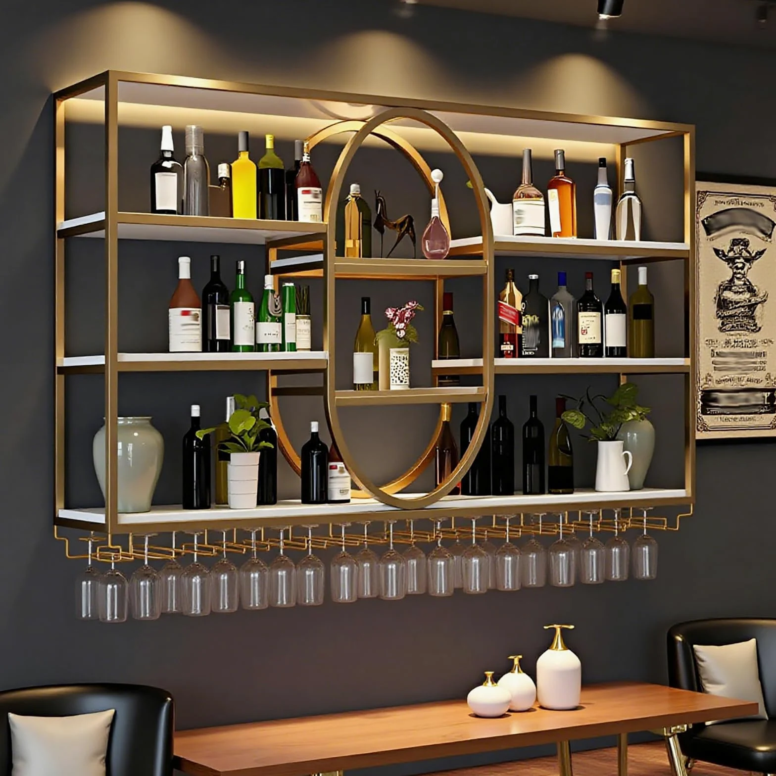140CM Portabottiglie da parete grande, portabottiglie sospeso in metallo a 4 ripiani con ripiani per bicchieri, mensole sospese moderne per la decorazione di bar e sala da pranzo (Oro)