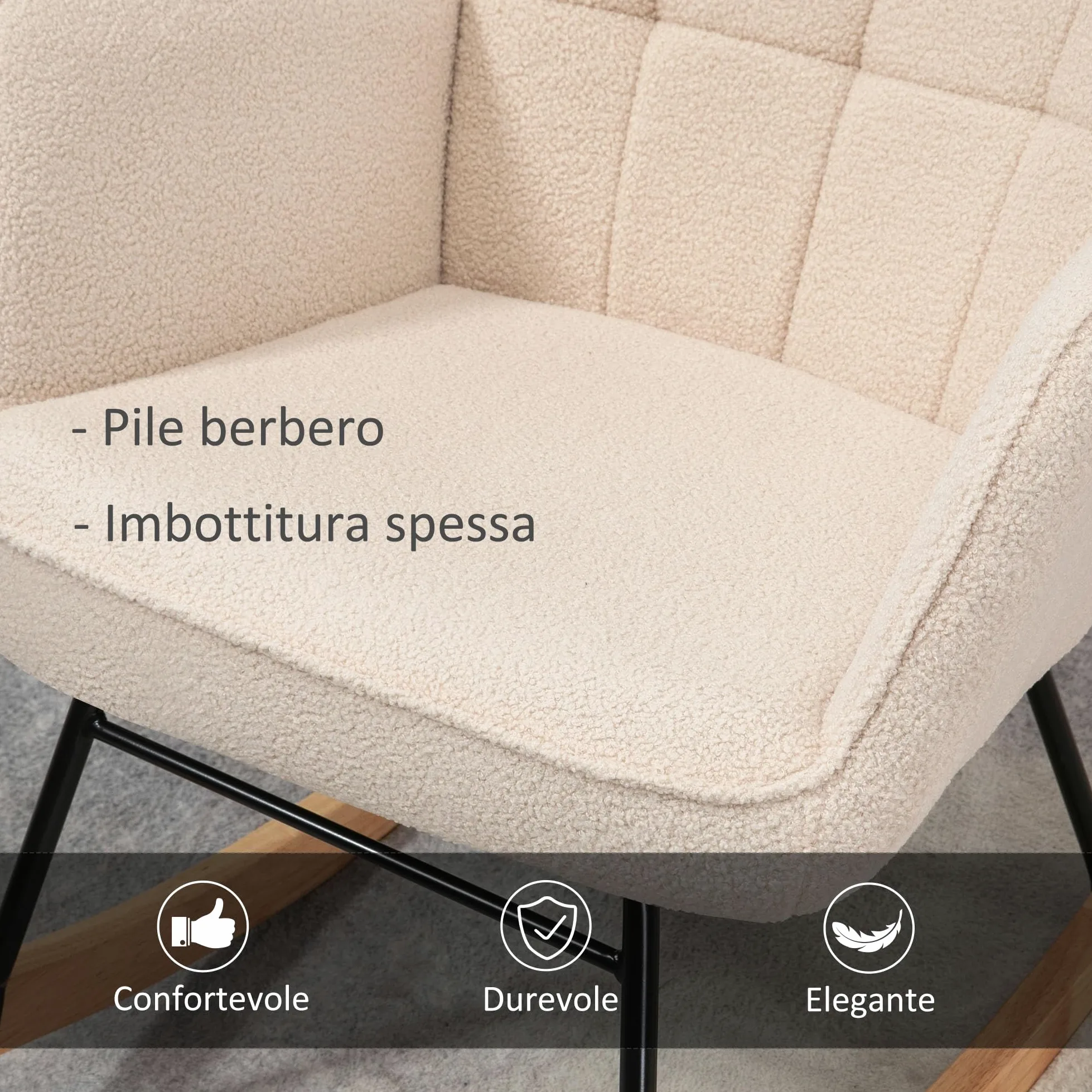 HOMCOM Sedia a Dondolo da Interno Imbottita, Poltrona a Dondolo Relax in Pile Berbero con Braccioli, Struttura in Acciaio e Gambe in Legno di Faggio per Soggiorno e Camera da Letto, Beige